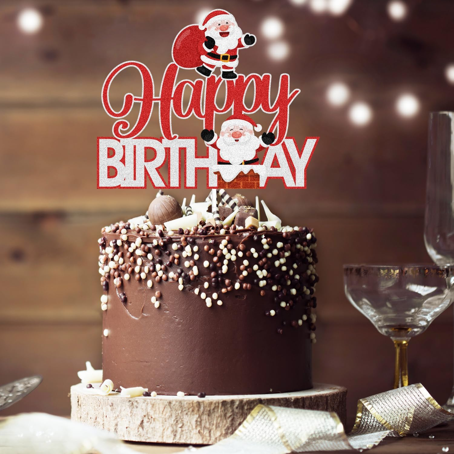 Merry Christmas Happy Birthday Cake Topper - 2024 Winter Birthday Red Glitter Man Cake Topper - Christmas Birthday Party Supplies - Christmas Holidays Party Decoration image number 3