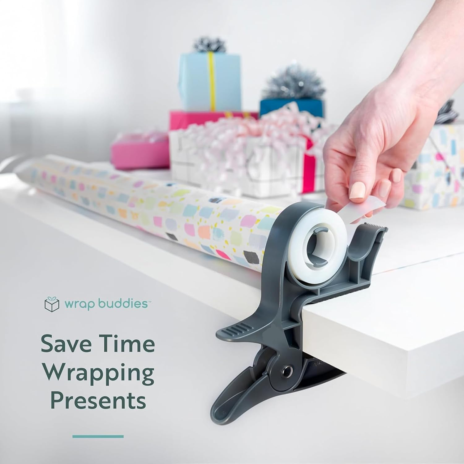 Tabletop Gift Wrapping Tool, 2 Clamps - Gift Wrap Clamp with Tape Dispenser for Easier Gift Wrapping This Holiday - Slate Grey image number 4