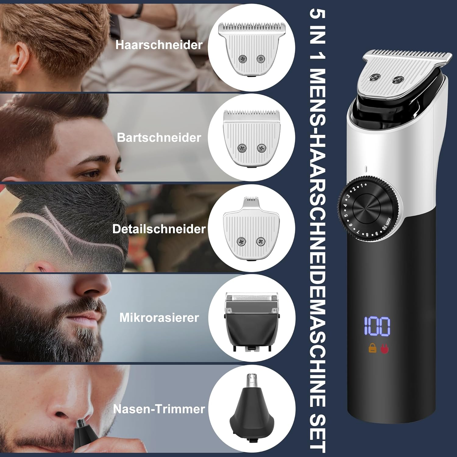 5-In-1 Hair Trimmer Set, Men'S Beard Trimmer, T Blade Zero Gapped Trimmer, Hair Clippers with LED Display, Electric Hair Trimmer for Men with 3 Guide Combs image number 5