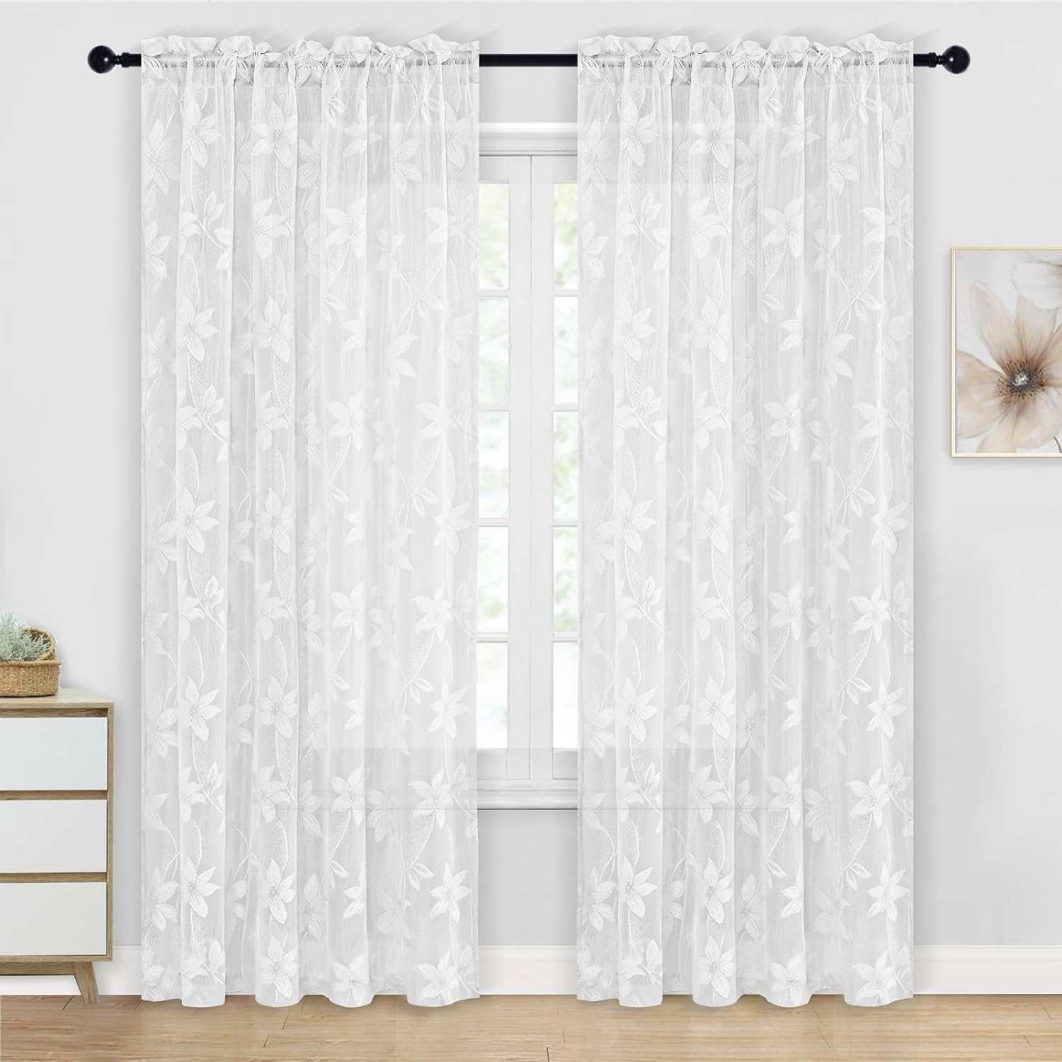 DWCN Sheer Curtains White Floral Lace Curtains Rod Pocket Window Curtains Drapes for Bedroom, Each W132 X D213 Cm, Set of 2 Panels image number 4