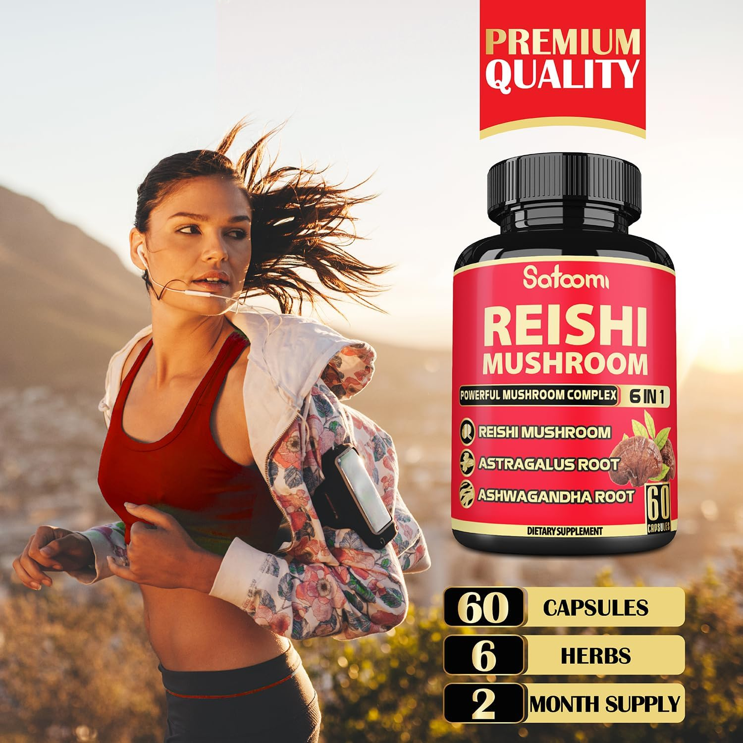 6In1 Reishi Mushroom Supplement Capsules - 6 Natural Ingredients - 60 Vegan Caps for a 2-Month Supply image number 4