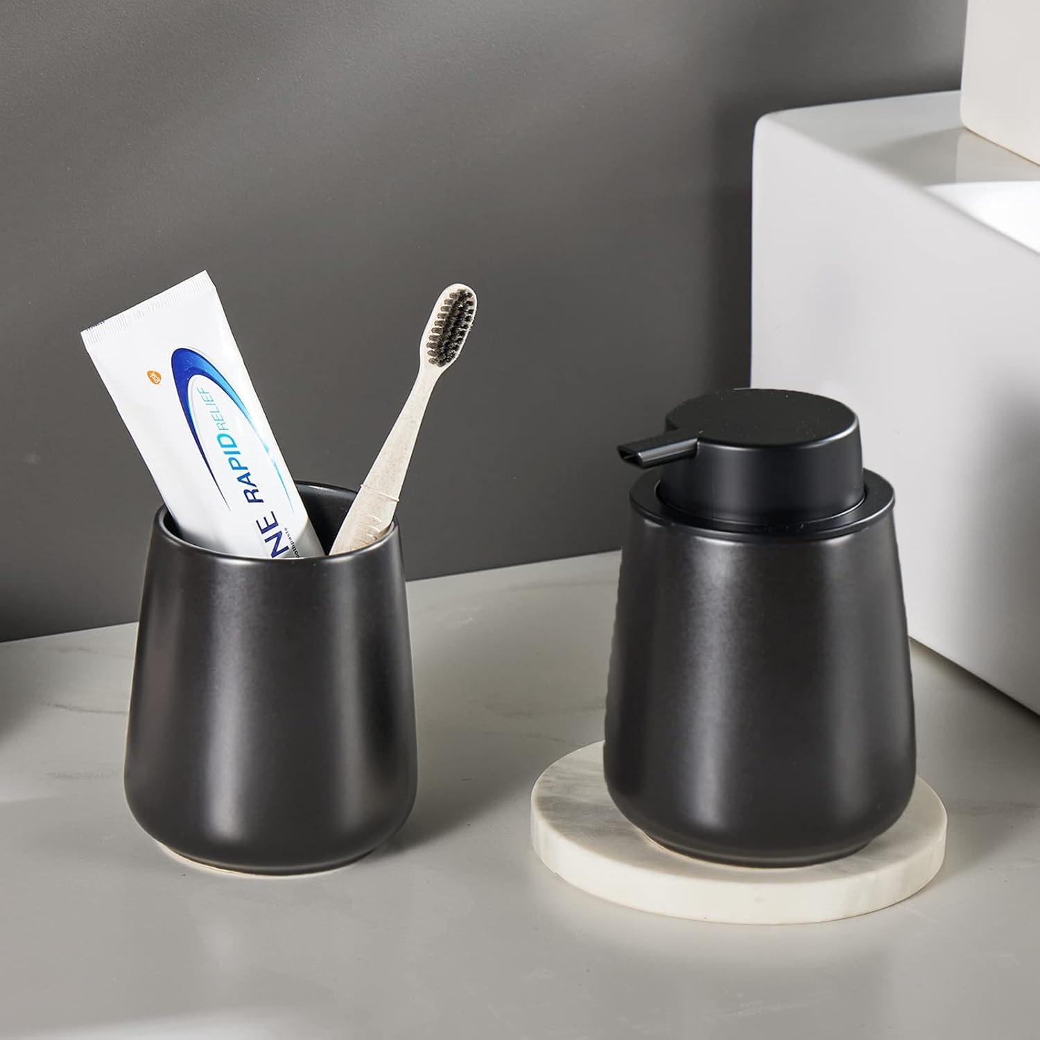 Eyrozia 12Oz Black Soap Dispenser - Ceramic Lotion Hand Soap Dispenser Set with Easy-To-Press Pump, Refillable Liquid Hand Soap Dispenser for Bathroom, Dish Soap Dispenser for Kitchen, 2 Pack - Beige Liquid Dispenser image number 7