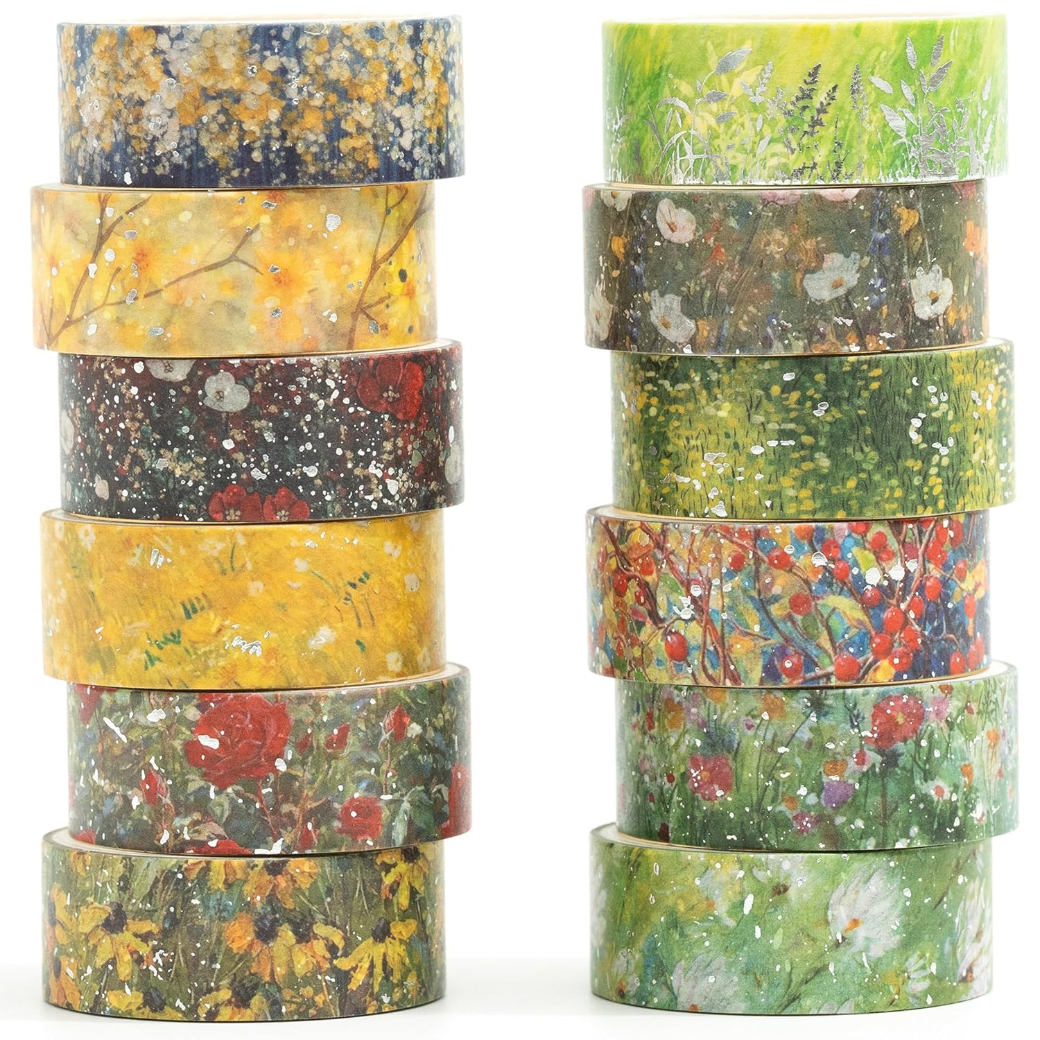 Songdao 12 Rolls Flowers Washi Tape Set Floral Arts Adhesive Tapes Splast Silver Decorative Masking Tape Sets for Craft, Kids, Scrapbook, DIY, Gift Wrapping (Verdant Glow) image number 3