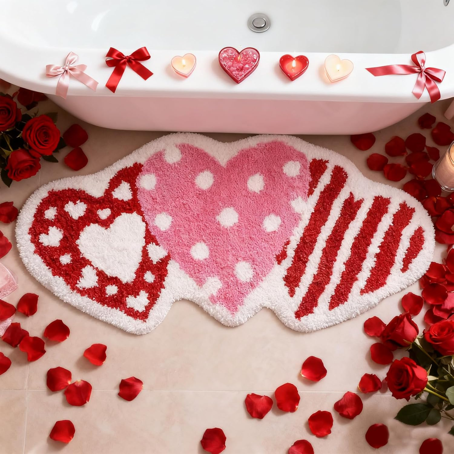 Heart Shaped Valentine&rsquo;S Day Decoration Rug 50&times;80Cm, Soft Faux Wool Area Rug for Bedroom Bathroom, Red & Pink Heart Mat for Her, Non-Slip Absorbent Carpet for Gift, Entryway, or Living Room
