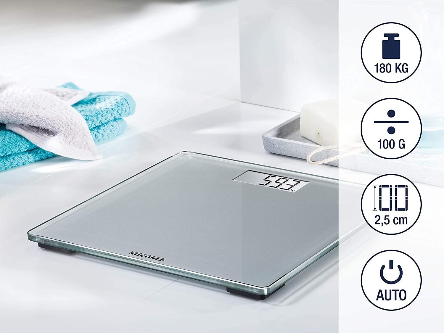 Soehnle Style Sense Compact 300 Digital Bathroom Scale, 180 Kg Load Capacity, Silver image number 1