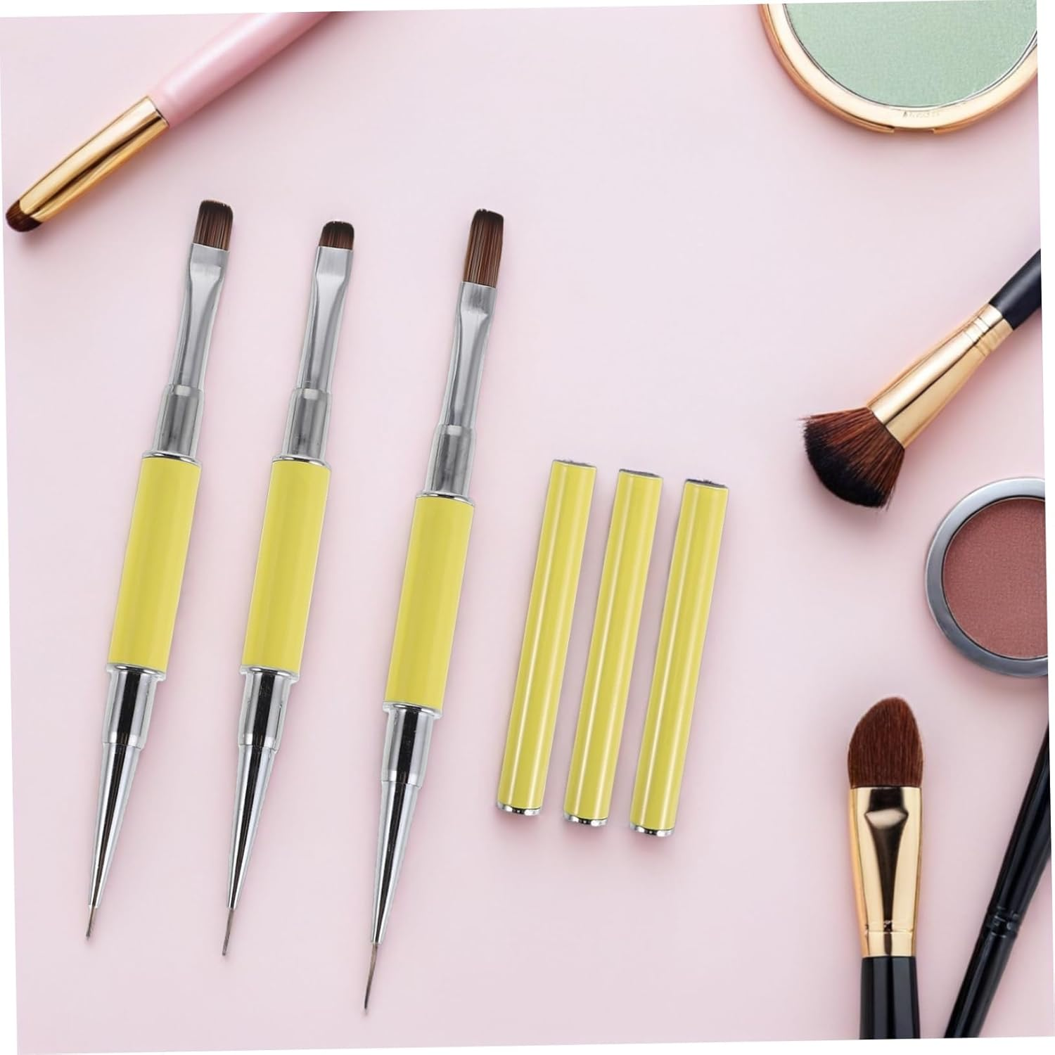 DONFAMDS 3Pcs Dual Ended Nail Art Brushes Precision Liner and Detail Pens for Manicure Salon DIY Nail Art Soft Resilient Bristles Easy to Clean - Yellow image number 2