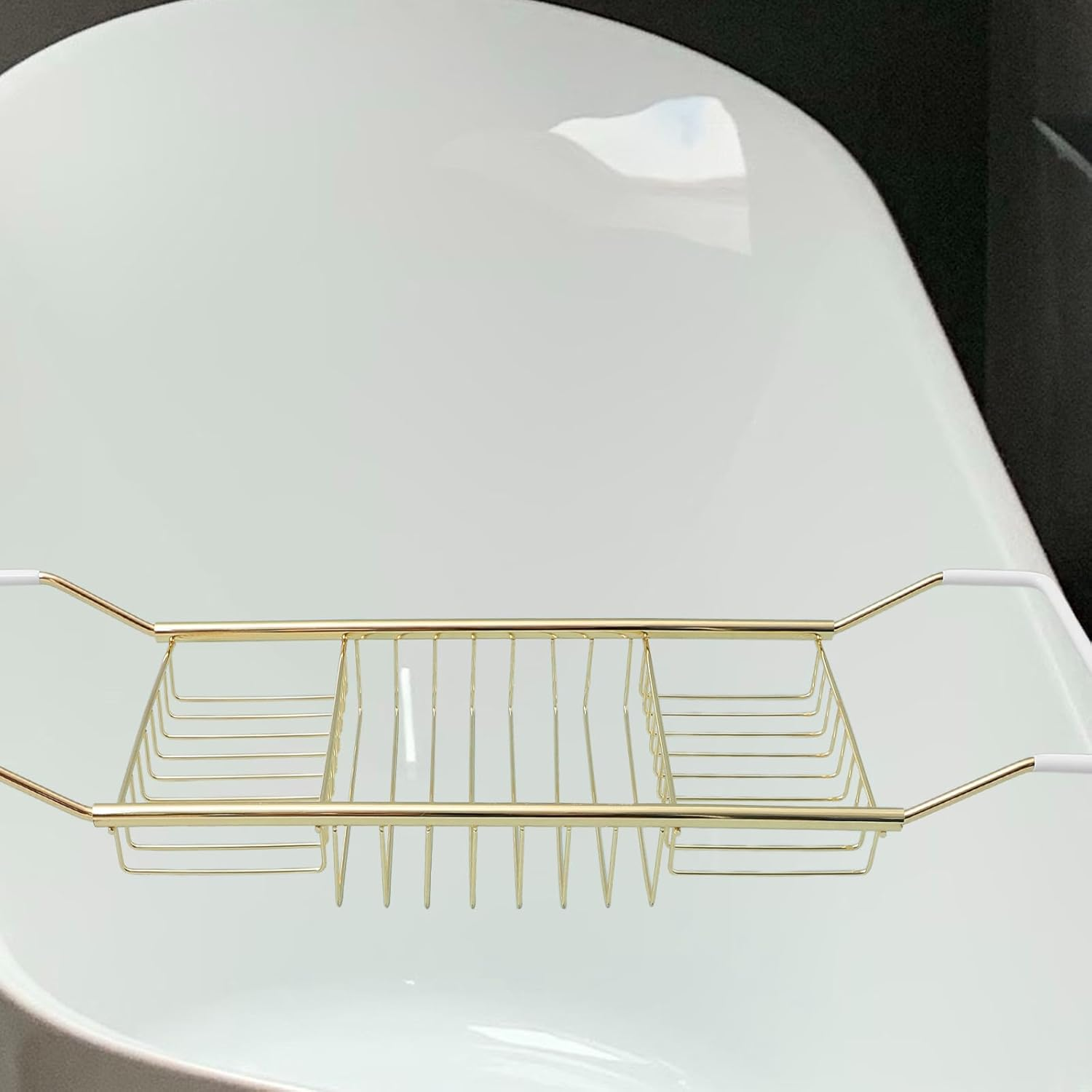 ROMISBABA Adjustable Stainless Steel Bathtub Tray Organizer with Non-Slip Extendable Storage Rack, Gold Bathroom Tub Side Shelf for Mobile Phone and Bath Accessories image number 1