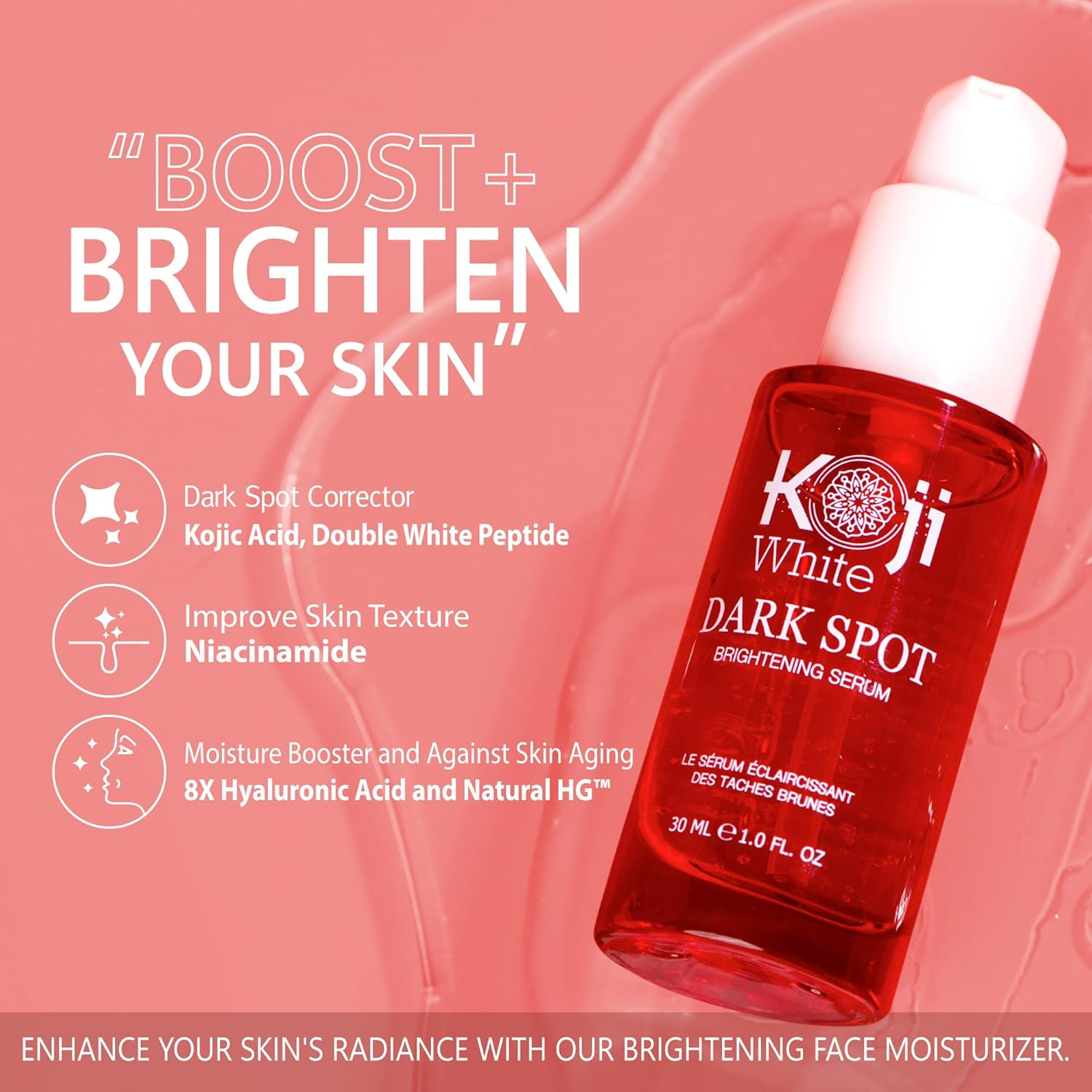 Koji White Dark Spot Brightening Serum for Face with Kojic Acid, Niacinamide, 8X Hyaluronic Acid from Korean for Face Moisturizer, Hydrating, Nourishing - Uneven Skin Tone, Vegan 1 Fl.Oz