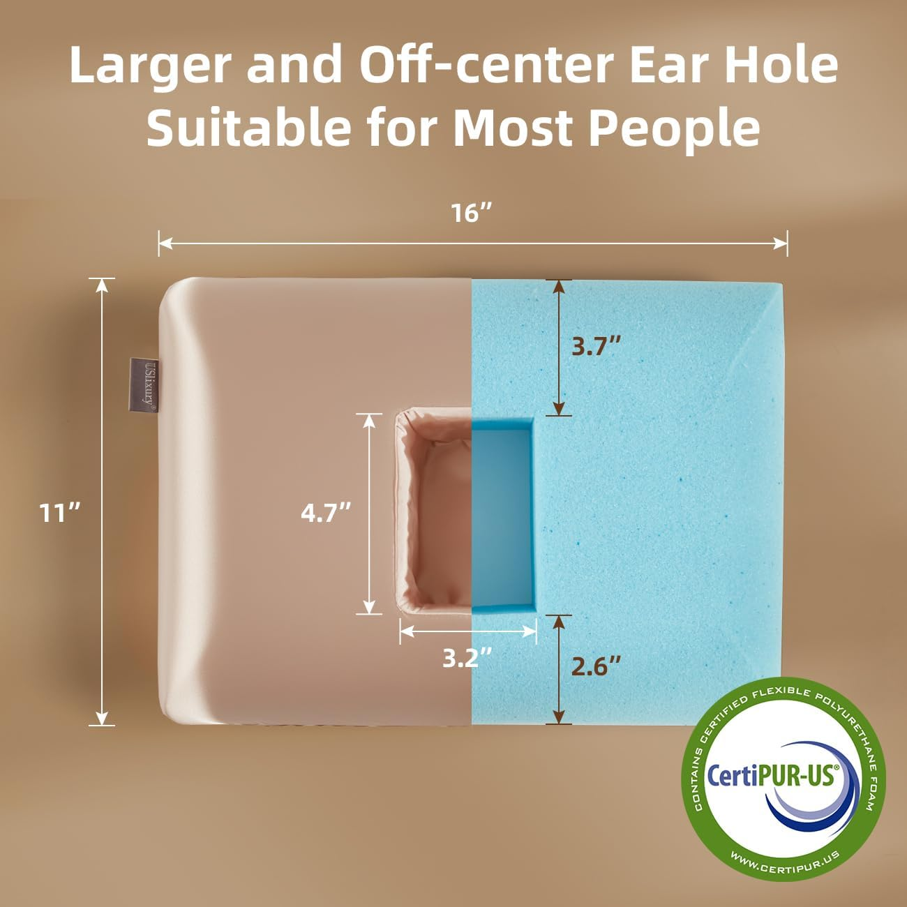 Uslixury Piercing Pillow - Ear Piercing Pillow with Foam Plug, 4''H Ear Pillow with 4.7 * 3.2 and off Center Ear Hole, Certipur-Us Memory Foam Piercing Pillow for Side Sleeper, Satin Cover, Champagne