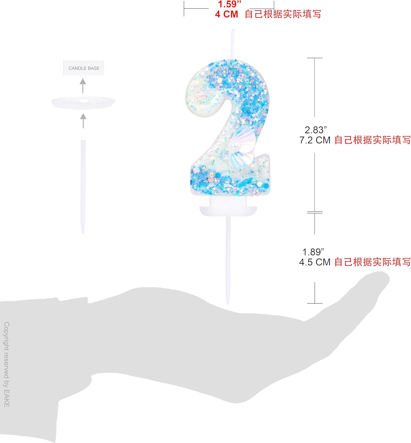 Number 2 Candle with 3D Sea Shell and Frozen Blue Sequins Glitters for Boy Girl Happy 2Nd Mermaid Birthday Party Decorations and under the Ocean Sea Themed Supplies