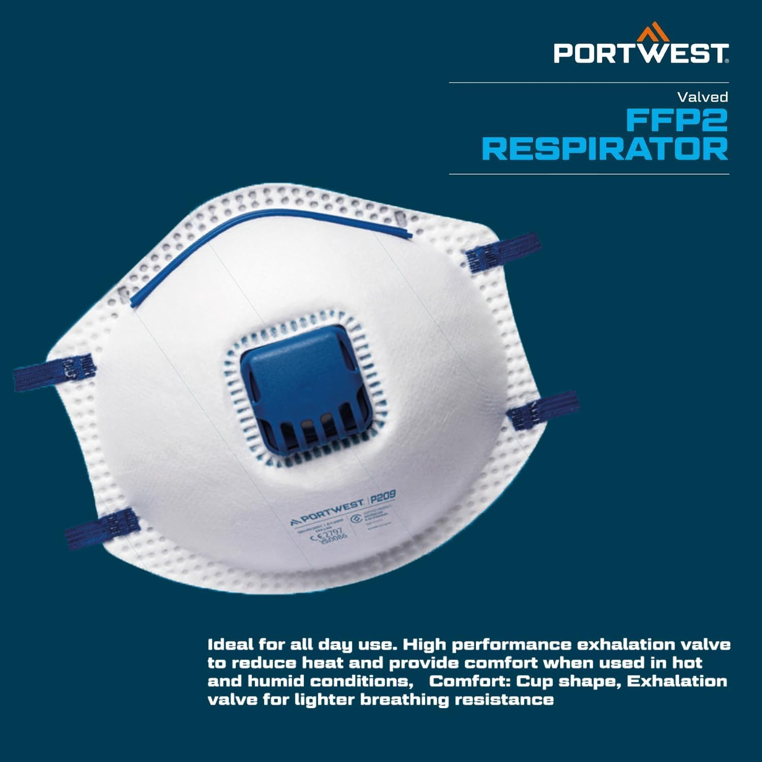 Portwest P209 Disposable FFP2 Exhalation Valve Respirator Face Mask (Pack of 3) White image number 2