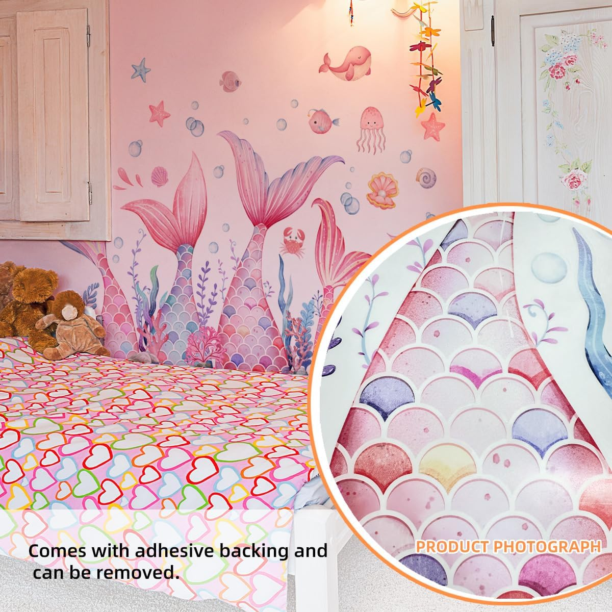 Mermaid Tail Wall Stickers under the Sea Mermaid Bubble Seaweed Peel and Stick Wall Art Decals for Girls Bedroom Bathroom (30 * 90Cm*2Pcs) image number 3