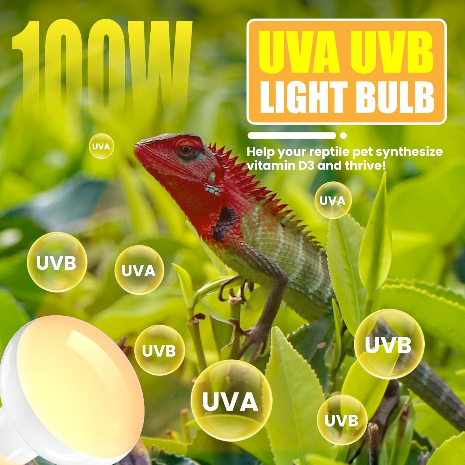 100W E27 Reptile Heat Lamp, UVA UVB Bulb for Amphibian Basking - Tortoise, Bearded Dragon, Lizard, Gecko, Puppy image number 4
