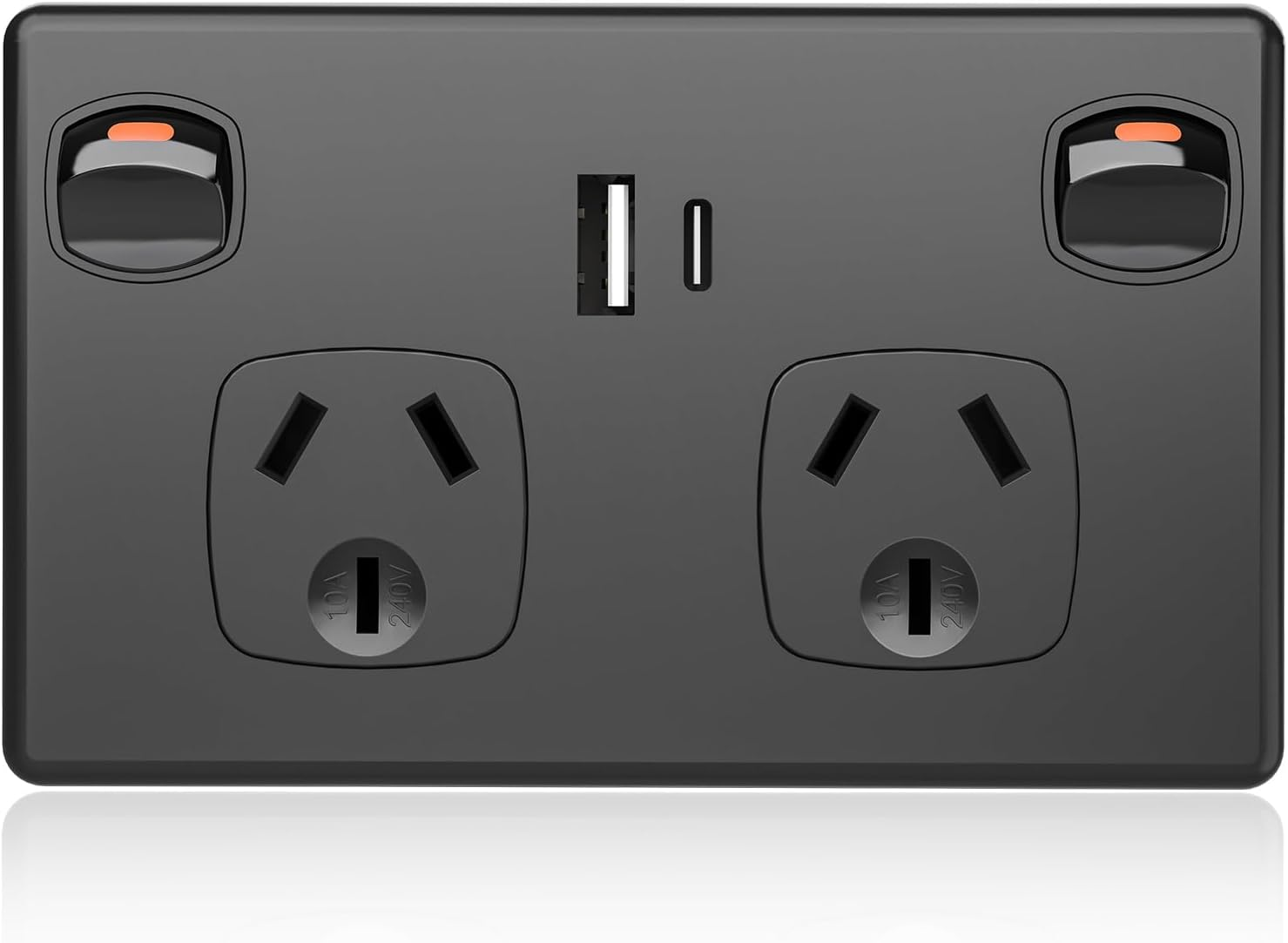 Double Power Point with 2 USB a and 1 Type C, GPO Wall Outlet, Fast Charging 5V 3.6 Amp, SAA RCM Approved, Single Switch, 10A/2400W, Black