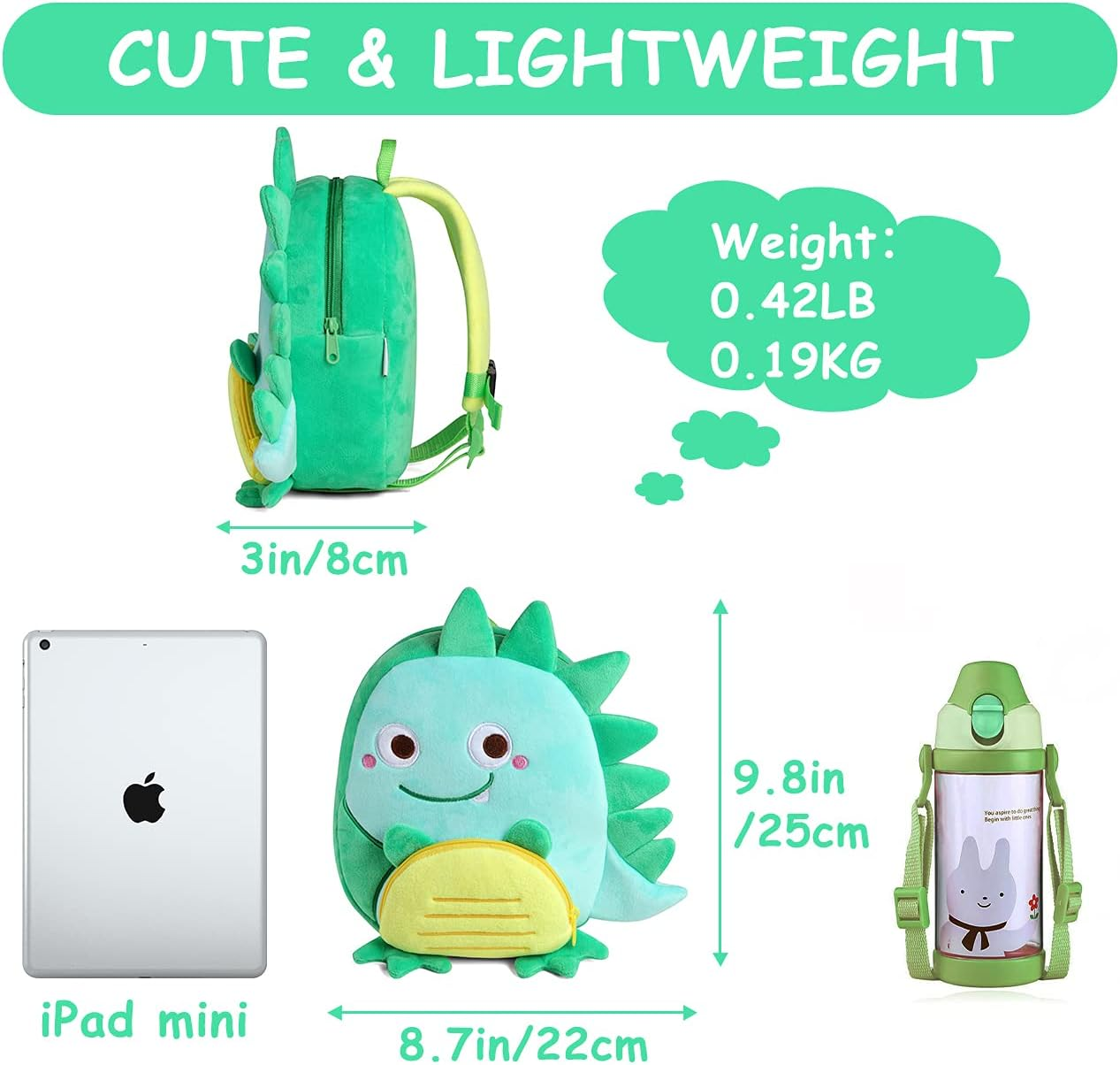 Toddler Backpack,Vaschy Girls and Boys Cute Plush Animal Small Daycare Backpack for Little Kids - Smiling Dinosaur image number 6