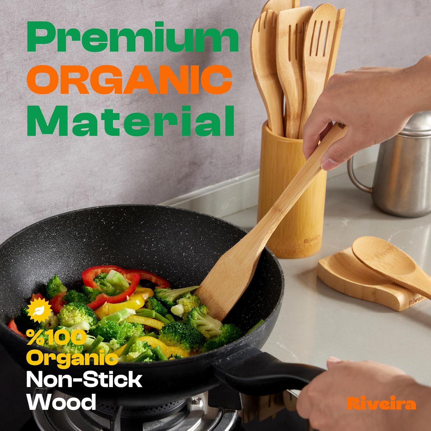 Riveira Wooden Spoons for Cooking 6-Piece Bamboo Utensil Set Apartment Essentials Wood Spatula Spoon Nonstick Premium Quality Housewarming Gifts Wooden Utensils for Everyday Use image number 4