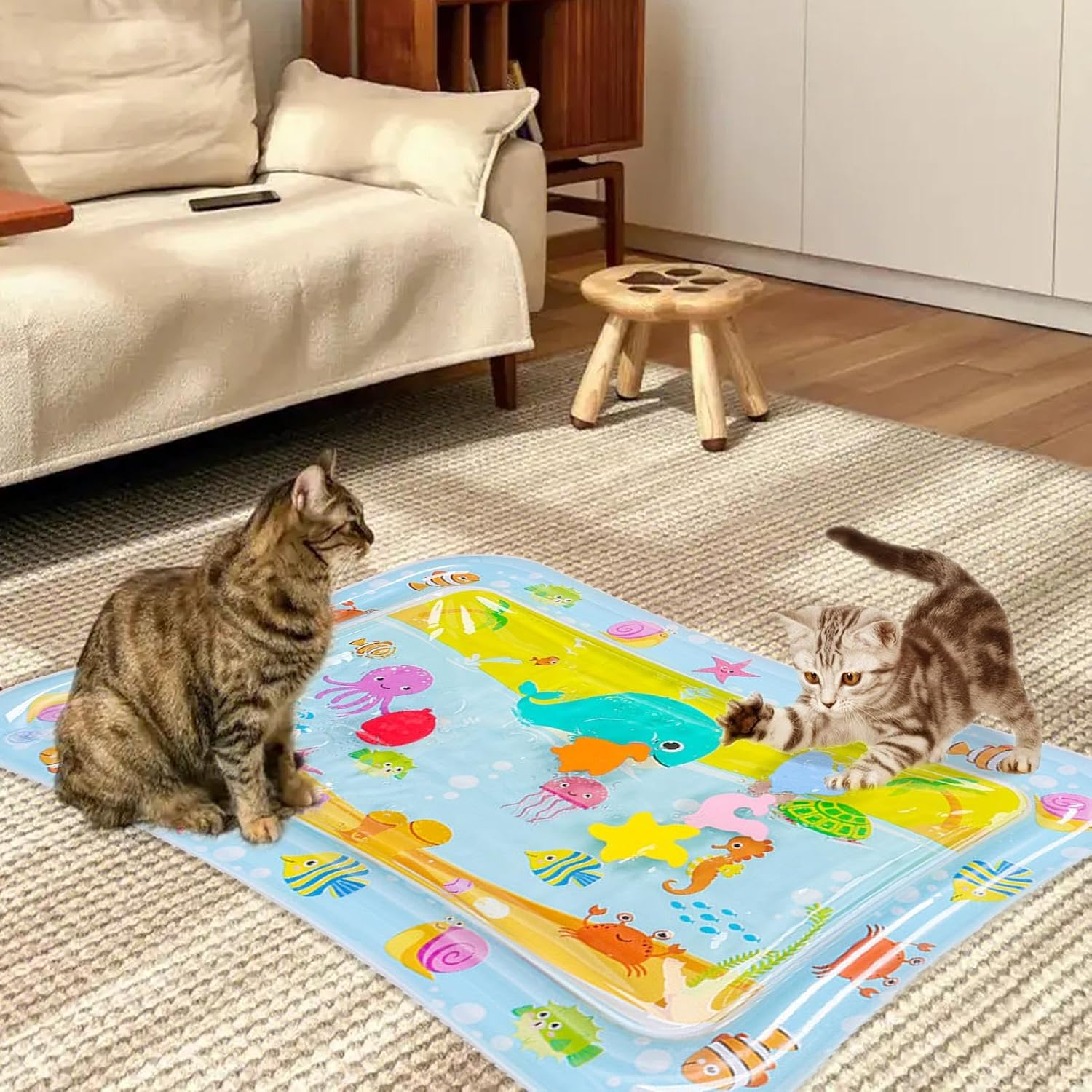 Sensory Water Mat for Cats, Tummy Time Water Mat Cat Sensory Toy, Water Sensory Playmat for Cats, Thickened Sensory Water Mat, Inflatable Water Mat Toy for Pets and Kids - Island Style image number 6