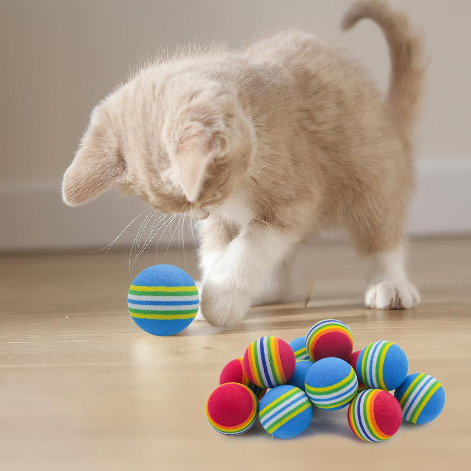 Andiker Pack of 12 Rainbow Cat Toy Ball, 1.38 Inch Foam Cat Ball Toy for Indoor Cat, Colourful Pet Foam Ball for Kittens, Dogs, Puppies, Game, Sports, Chase Training (Red + Blue) image number 1