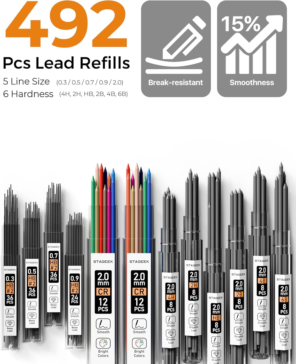 STAGEEK 37PCS Art Mechanical Pencil Set, Drafting Pencil 5 Sizes- 0.3, 0.5, 0.7, 0.9MM & 2PCS 2.0MM Mechanical Drawing Pencils with 492PCS Leads (6B 4B 2B HB 2H 4H Color) for Artist Sketching Drawing image number 1