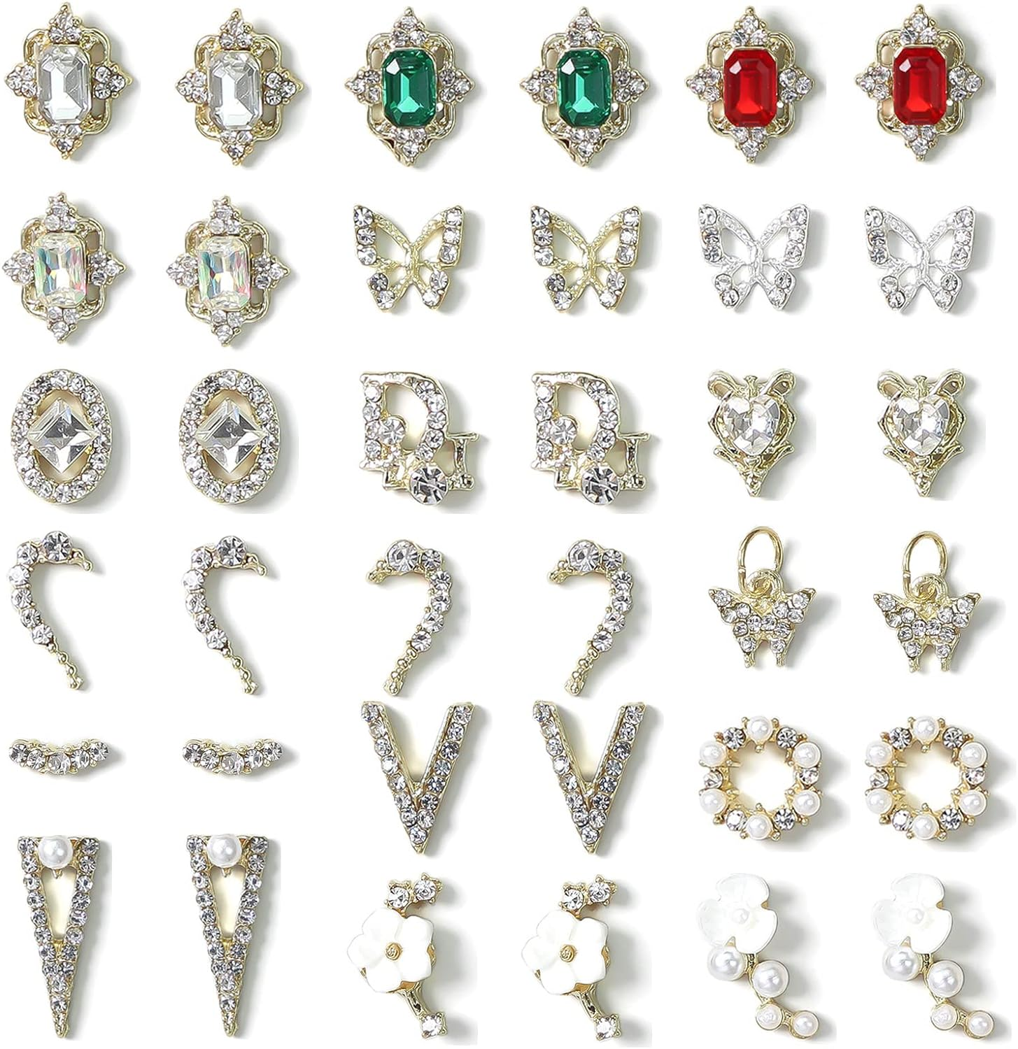 Ginojex 36Pcs 3D Nail Art Rhinestones Charms Alloy Crystal Gold Butterfly Gems Pearl DIY Manicure Salon Phone Case Decorations
