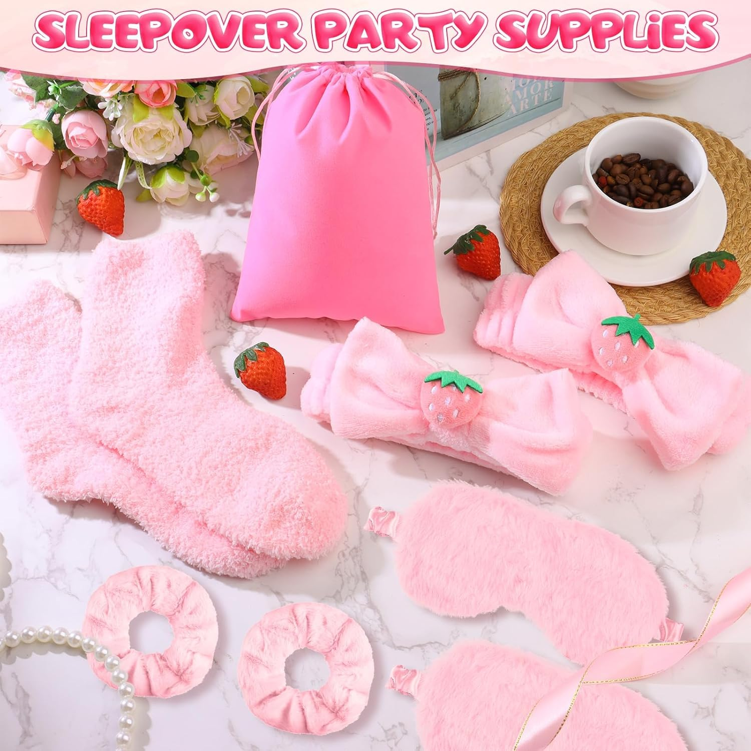 Girls 30 Piece Playset Pyjamas 6 Spa Hair Bands with Bow Strawberry Pink 6 Plush Sleep Masks 6 Velvet Scrunchies 6 Pairs Fluffy Socks 6 Makeup Bags image number 3