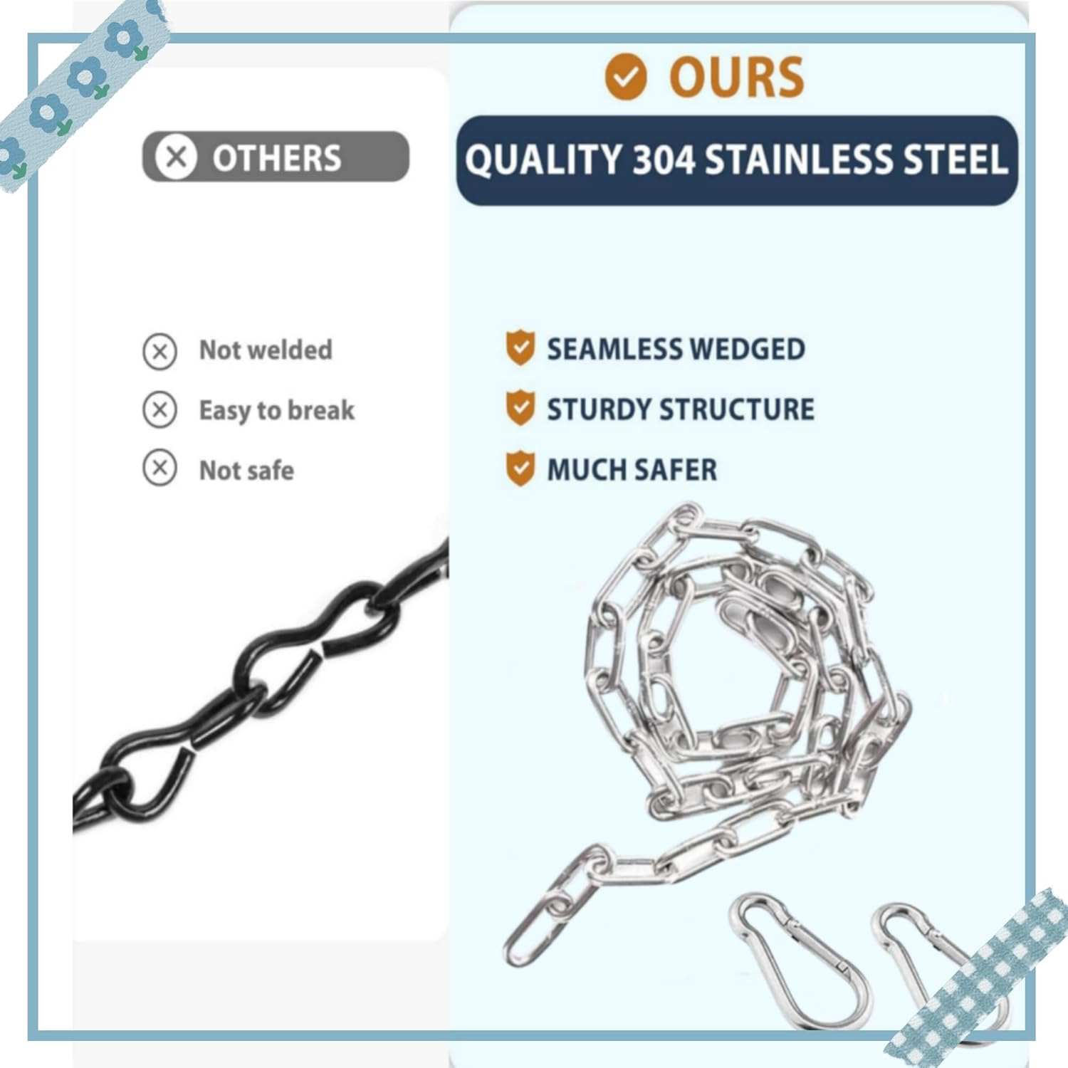 Metal Chain Link Stainless Steel Chains Lock Chain 1M with 2 Hooks, Long Hanging Chains Securty Thick Heavy Duty Dog Chains Safety Metal Pet Chain Bulk Loop Chains Gate Chain for Lock Outdoor Camping image number 3