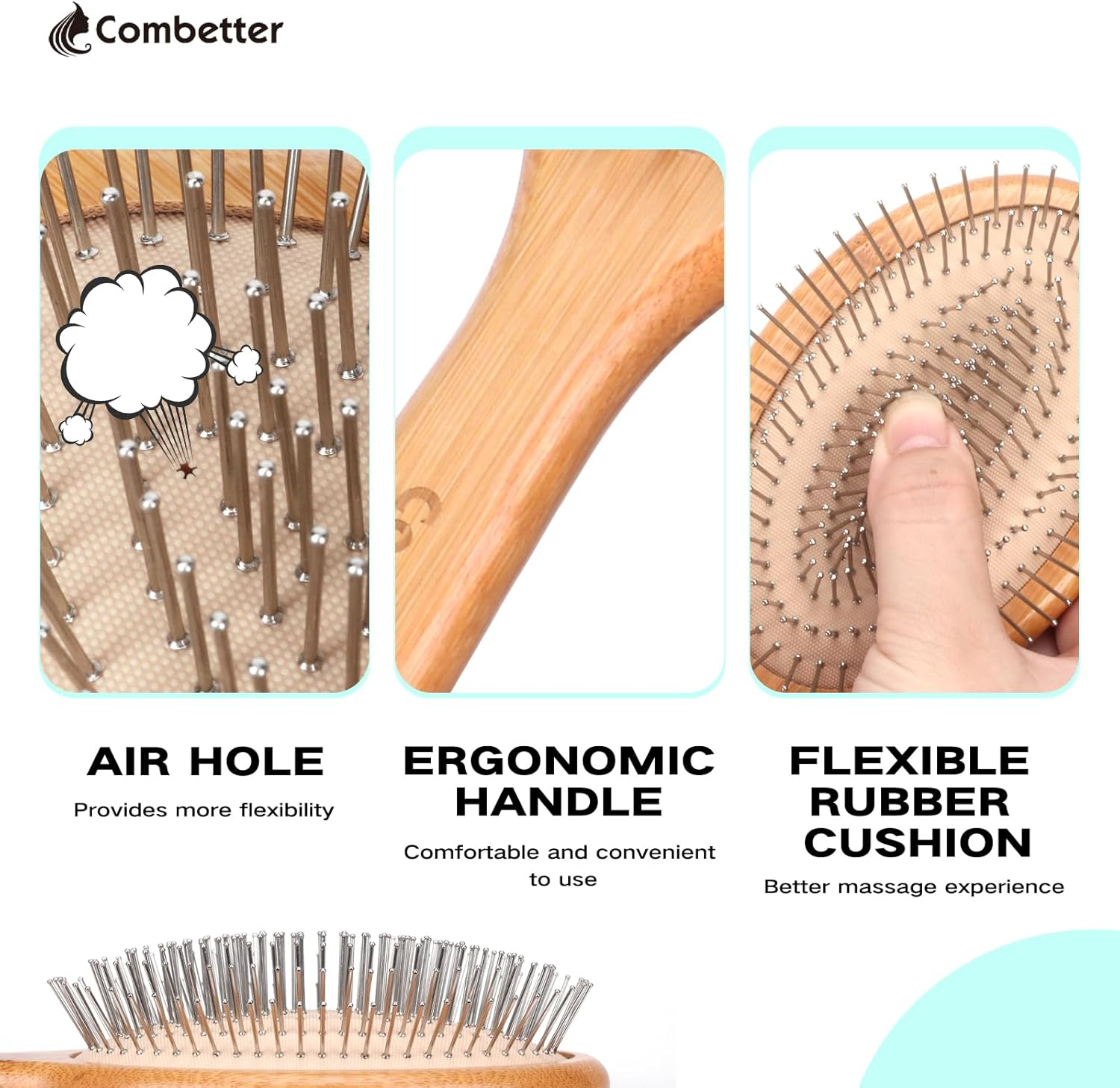 Combetter Bamboo Hair Brush, Smoothes Hair and Massages Scalp, Detangling Anti-Static Hair Brush, Environmentally Friendly Natural Wood with Metal Steel Bristles for Women