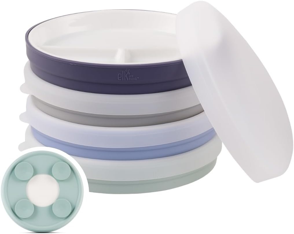 Elk and Friends Kids 7.8&rdquo; Porcelain White Divided Plates with Silicone Suction Sleeves + Lids | Suitable for Babies/Toddlers | Microwave & Dishwasher Safe | Stay Put Dinnerware | Snack Dishes | 4 Pack image number 4