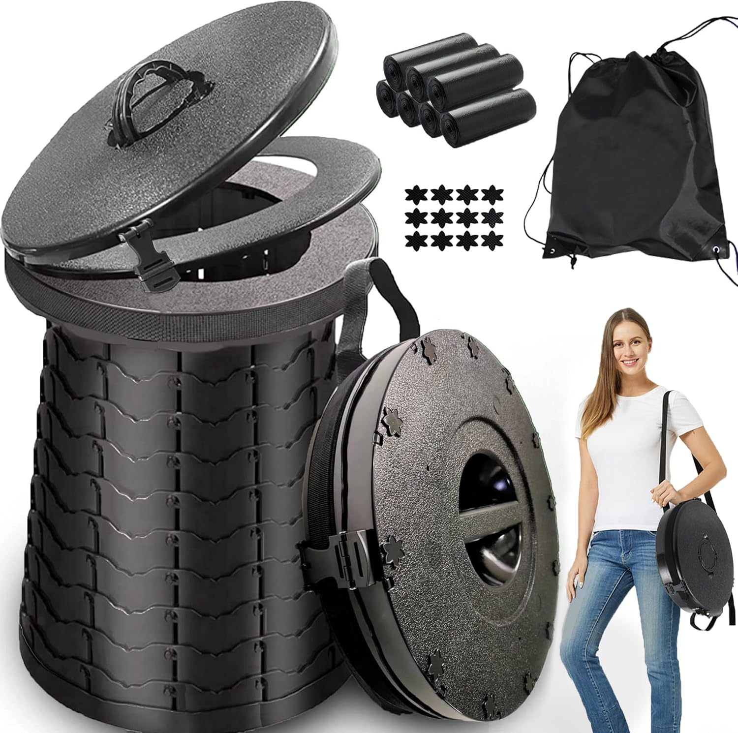 ALEVMOOM XXL Portable Toilet for Camping,880Lbs Capacity,19.7" H Adjustable Portable Toilet with 7 Garbage Bags,Porta Potty for Adults,Collapsible Luggable Loo for Camping/Travel/Hiking/Car