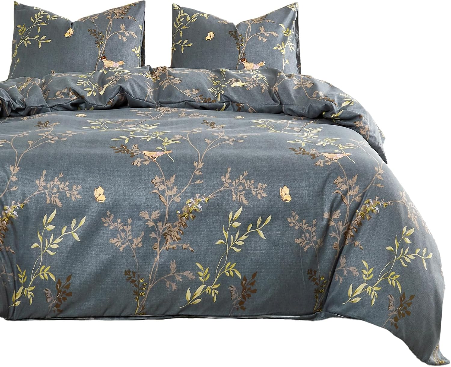 Wake in Cloud - Quilt Cover Set, Soft Microfiber Duvet Doona Cover Bedding with Pattern Printed, 3 Pieces, Floral Bird Grey, Queen Size