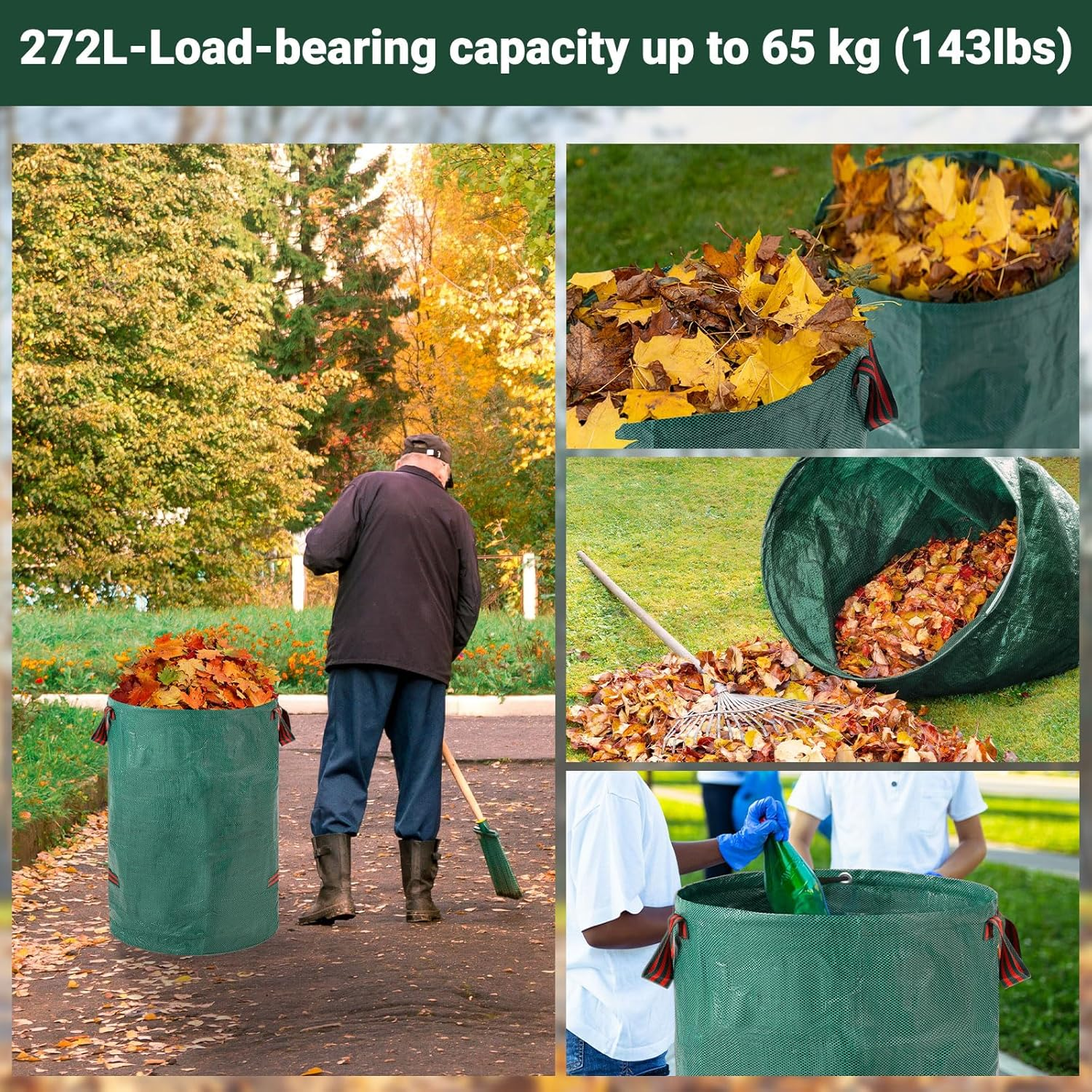 Velway Garden 2 X 272L Garden Waste Bags - Reusable Garden Bags with Handles - Industrial Fabric for Leaves Rubbish Rubble - Waterproof Garden Rubbish Bags image number 3