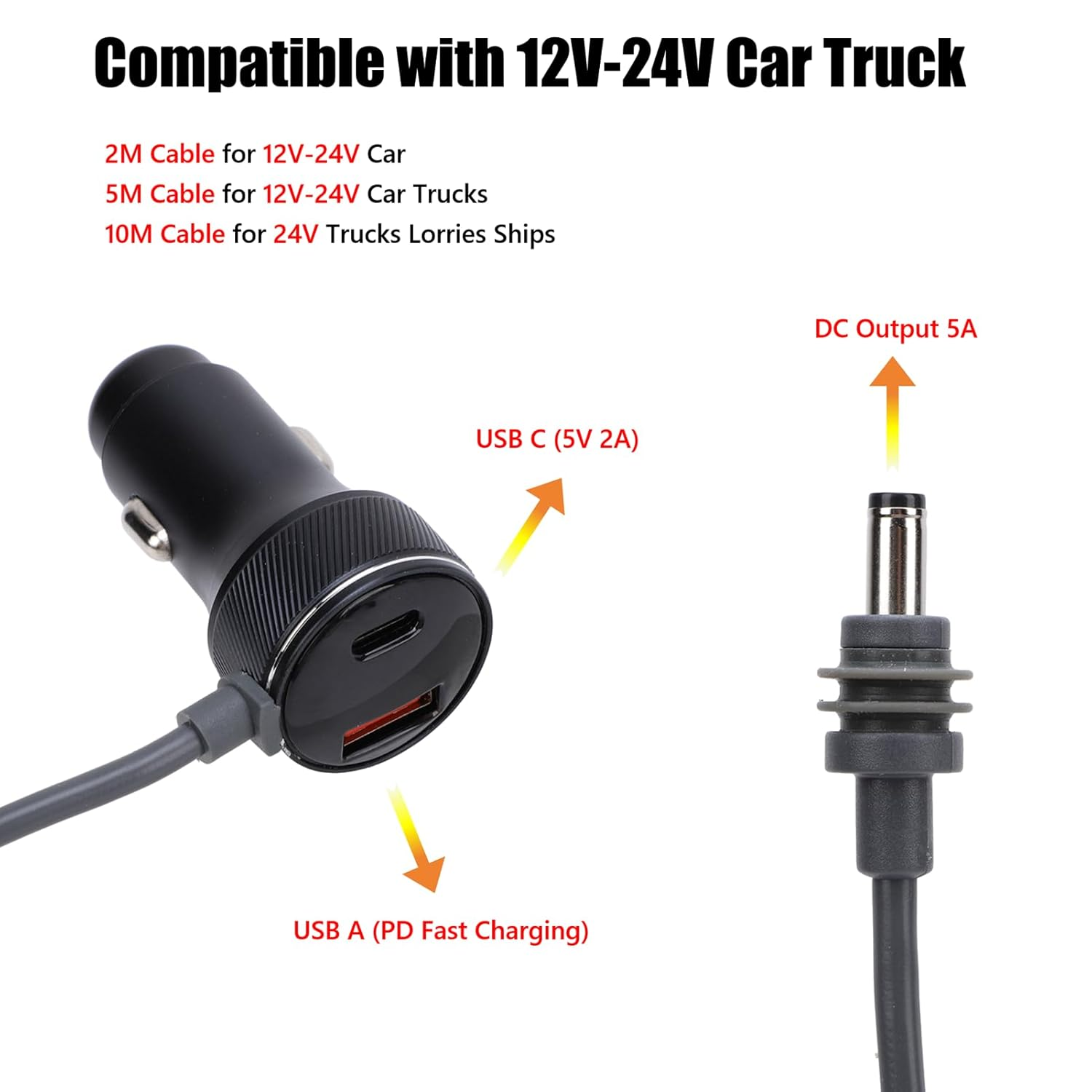 Mini DC Power Cable, 24V-12V Car Charger Auto Power Supply for Mini - to Car Cigarette Lighter for Satellite (5M) image number 4