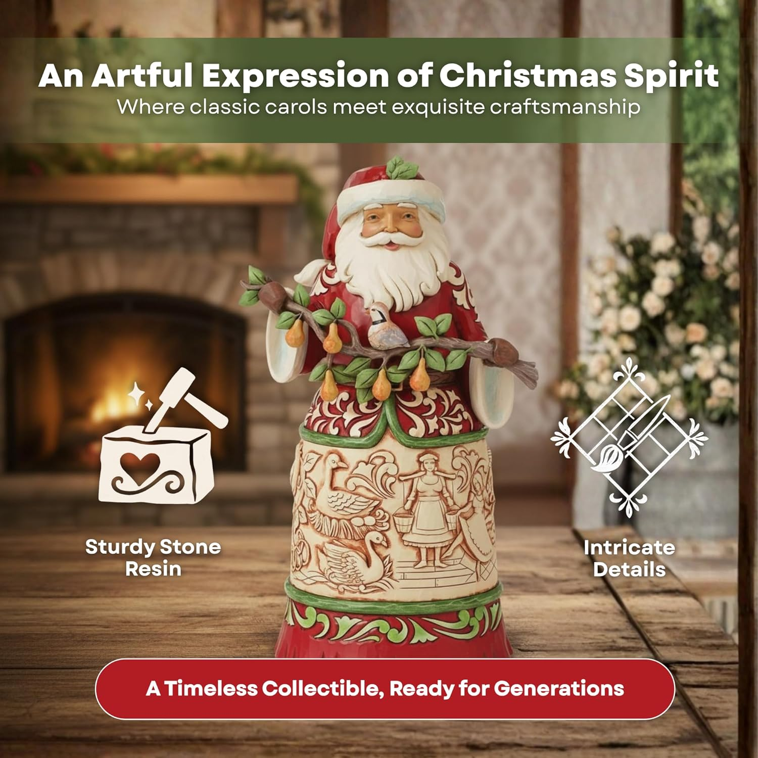 Enesco Jim Shore Heartwood Creek Worldwide Event Twelve Days of Christmas Santa Holding Pear Tree Branch Figurine, 9.33 Inch, Multicolor image number 5