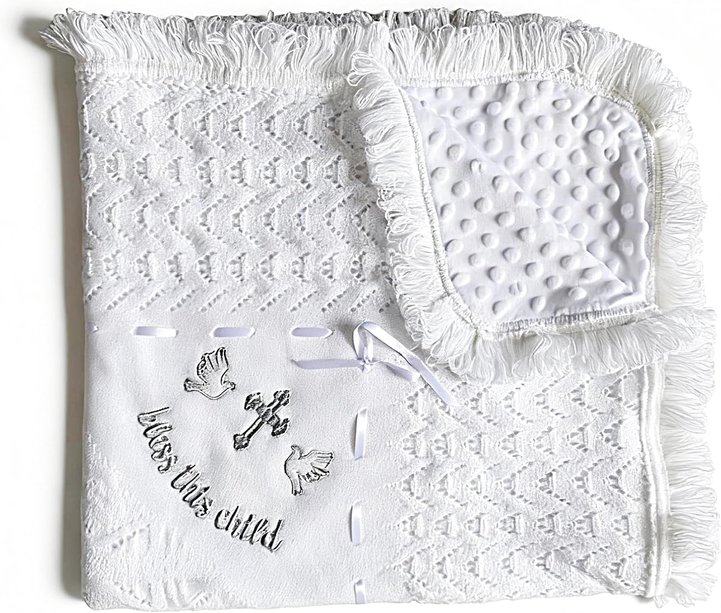 Baby Blanket for Boys Girls Baptism Christening Gifts for Girl Boys Soft White Knitted Shawl Receiving Crochet Bless This Child Blankets Towel image number 4