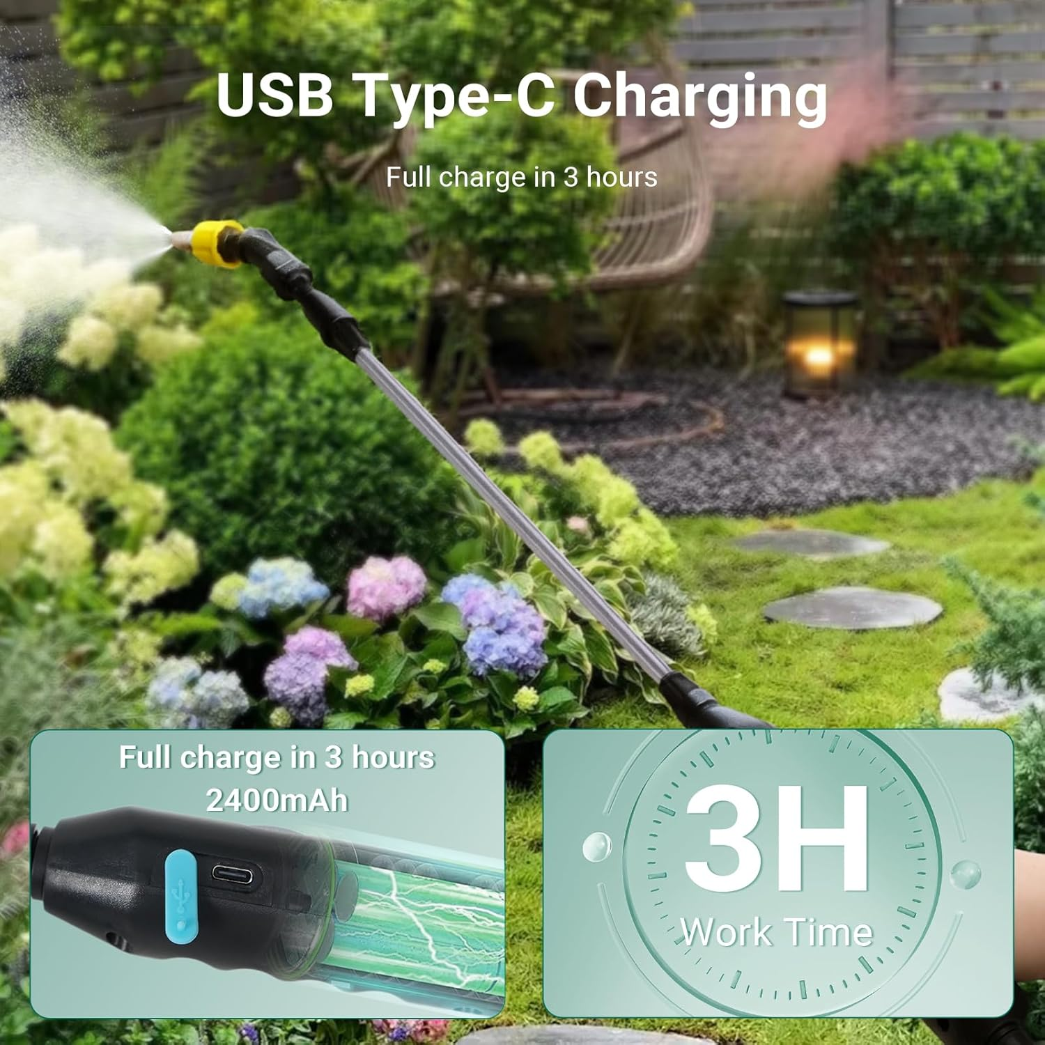 Liweght 8L Battery Powered Backpack Sprayer, 2400Mah USB Rechargeable Electric Garden Sprayer, 3 Adjustable Mist Nozzles, Telescopic Wand for Lawn, Yard & Weed Control image number 3