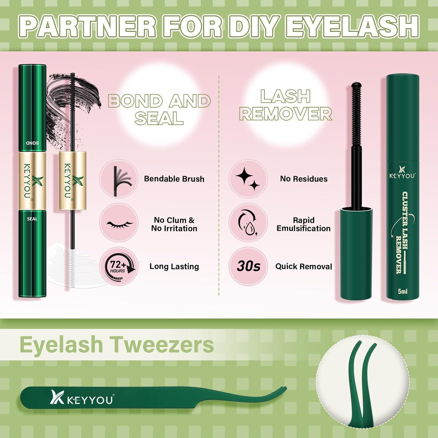 Lash Extension Kit KEYYOU Lash Clusters Wispy Natural Individual Bond Lashes D Curl Invisible Clusters Eyelash Extension Kit with Lash Bond and Seal and Lash Applicator for Self Use(Tb01-D-8-16Mix) image number 3