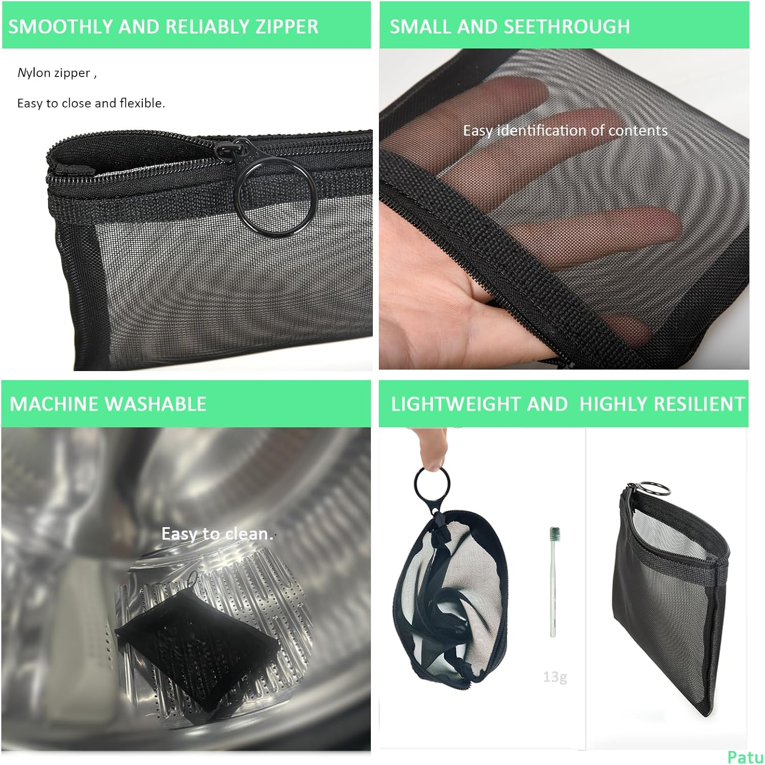 Patu Mini Zipper Mesh Bags, 4" X 5", Size S / A7, 5 Pieces, Beauty Makeup Lipstick Cosmetic Accessories Organizer, Small Travel Kit Storage Pouch, Black image number 3