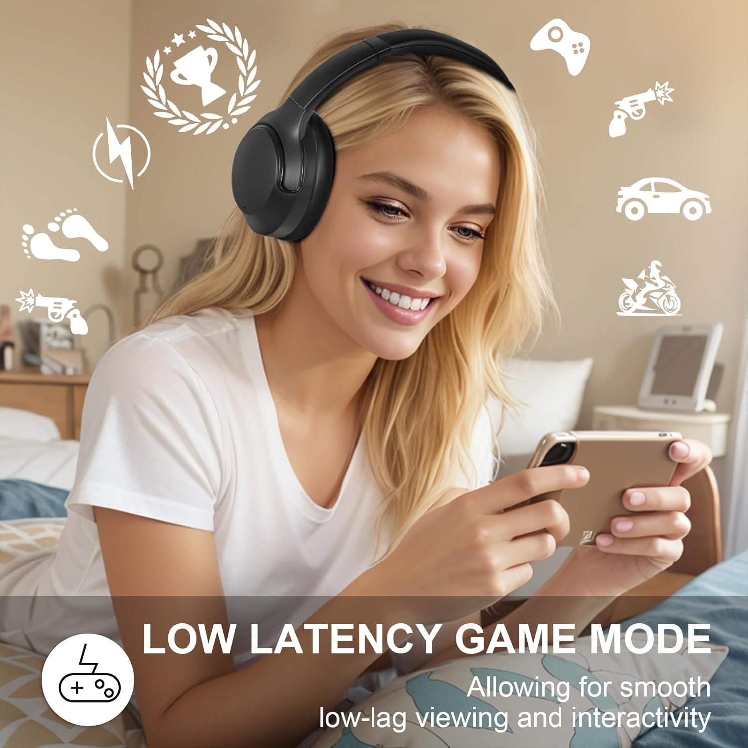 Noise Cancelling Headphones, 65H Bluetooth Headphones Custom EQ via App Headphones Wireless with Mic, Bluetooth 6.0 Detachable Cat Ears Foldable Headsets for Commuting Travel Work Home (Black) image number 1