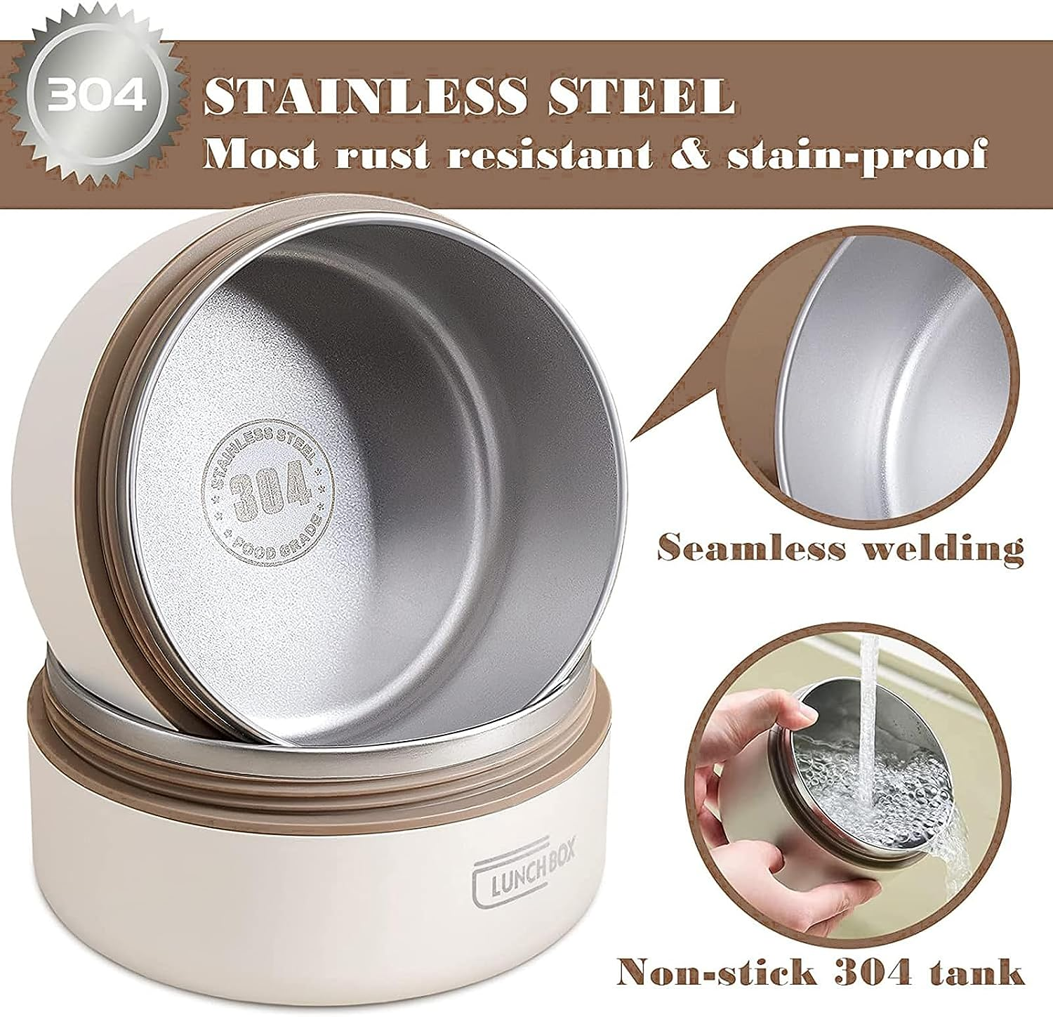 Uandhome Insulated Bento Box with Bag, Stainless Steel Microwave Lunch Box Food Containers, Portable Stackable Thermal Keep Warm Lunch Container for Adult Kids Men Women (420Ml*1+550Ml*1) image number 4