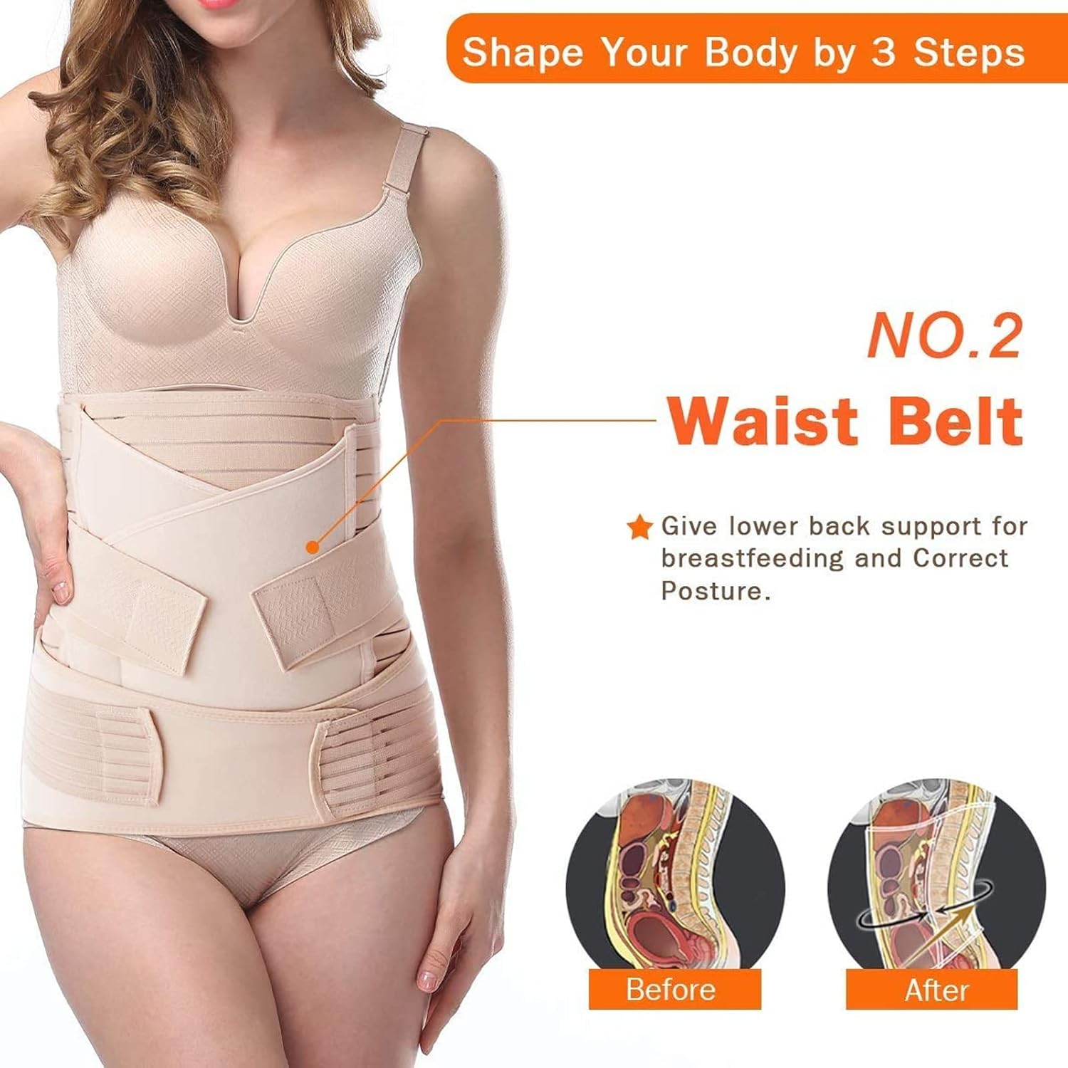 3 in 1 Postpartum Support - Recovery Belly/Waist/Pelvis Belt Shapewear (Nude) image number 4