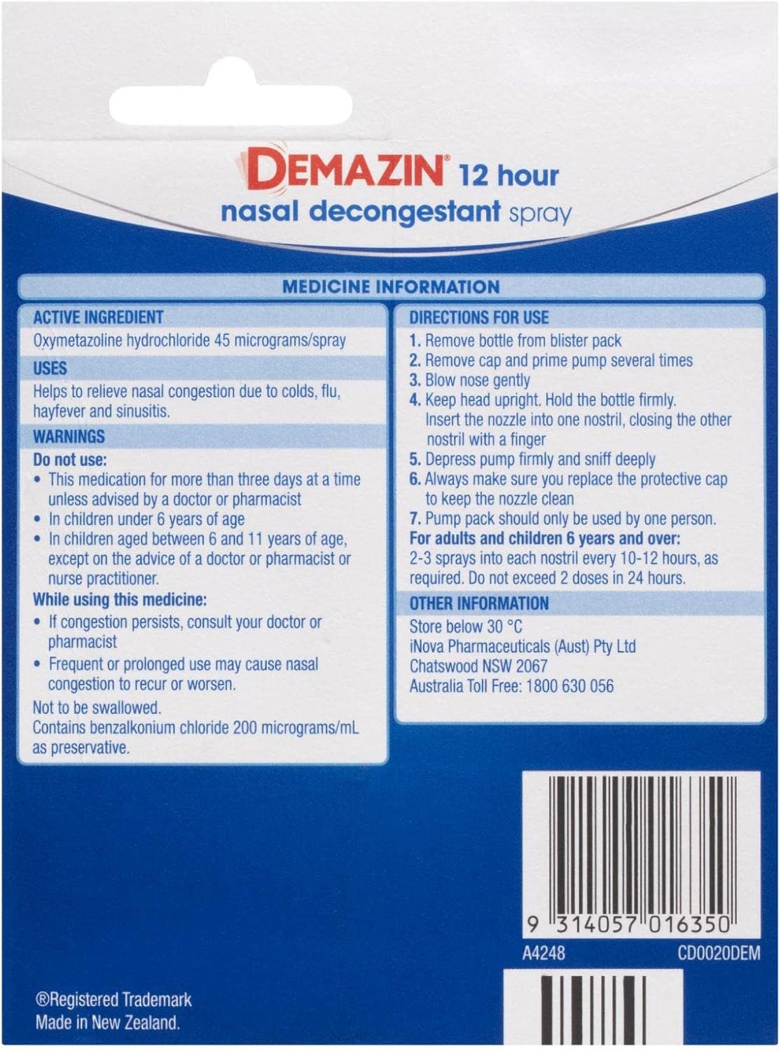 Demazin 12 Hour Nasal Decongestant 20Ml image number 2