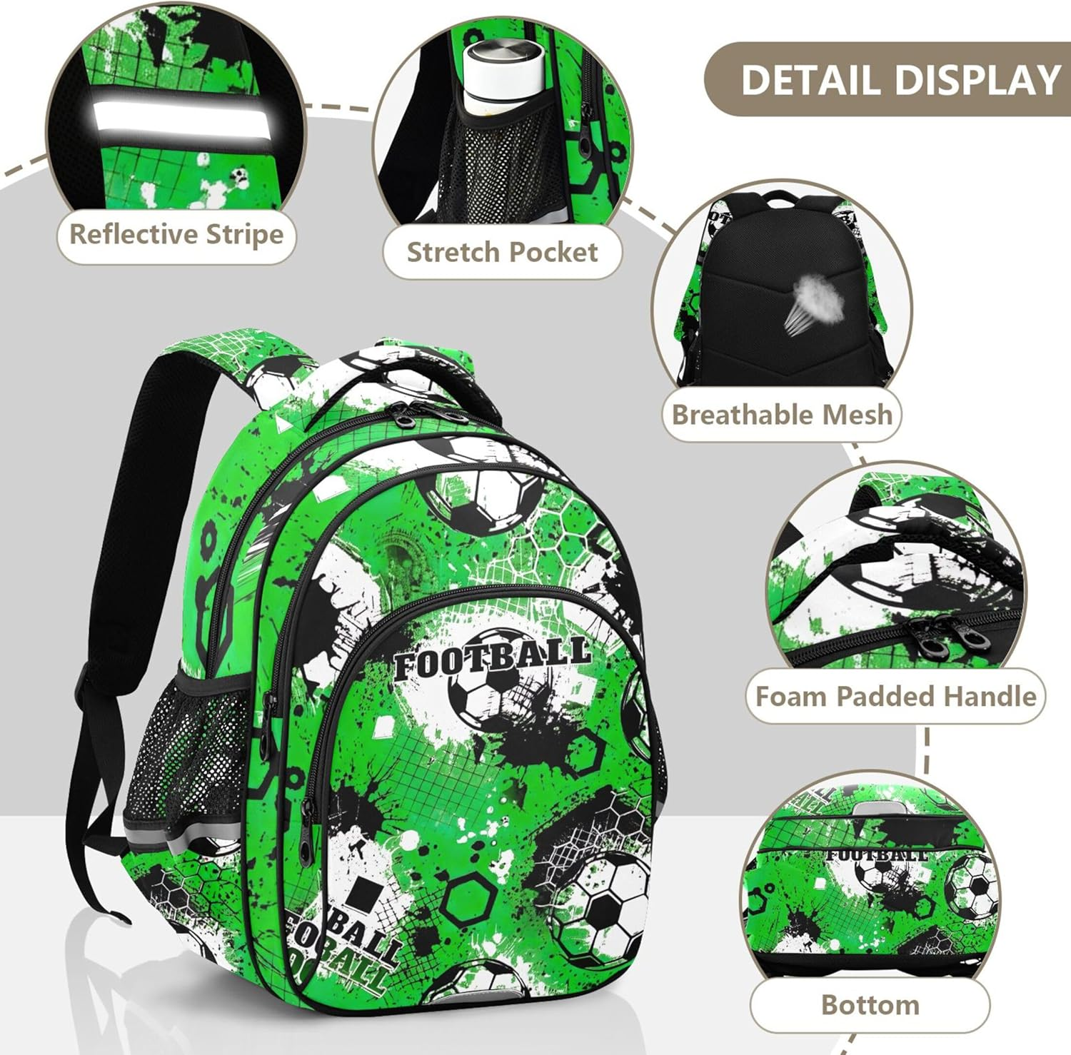 Joisal Soccer Ball Kids Backpack School Custom Personalized Green Football Print Bookdaypack Elementary Preschool image number 2