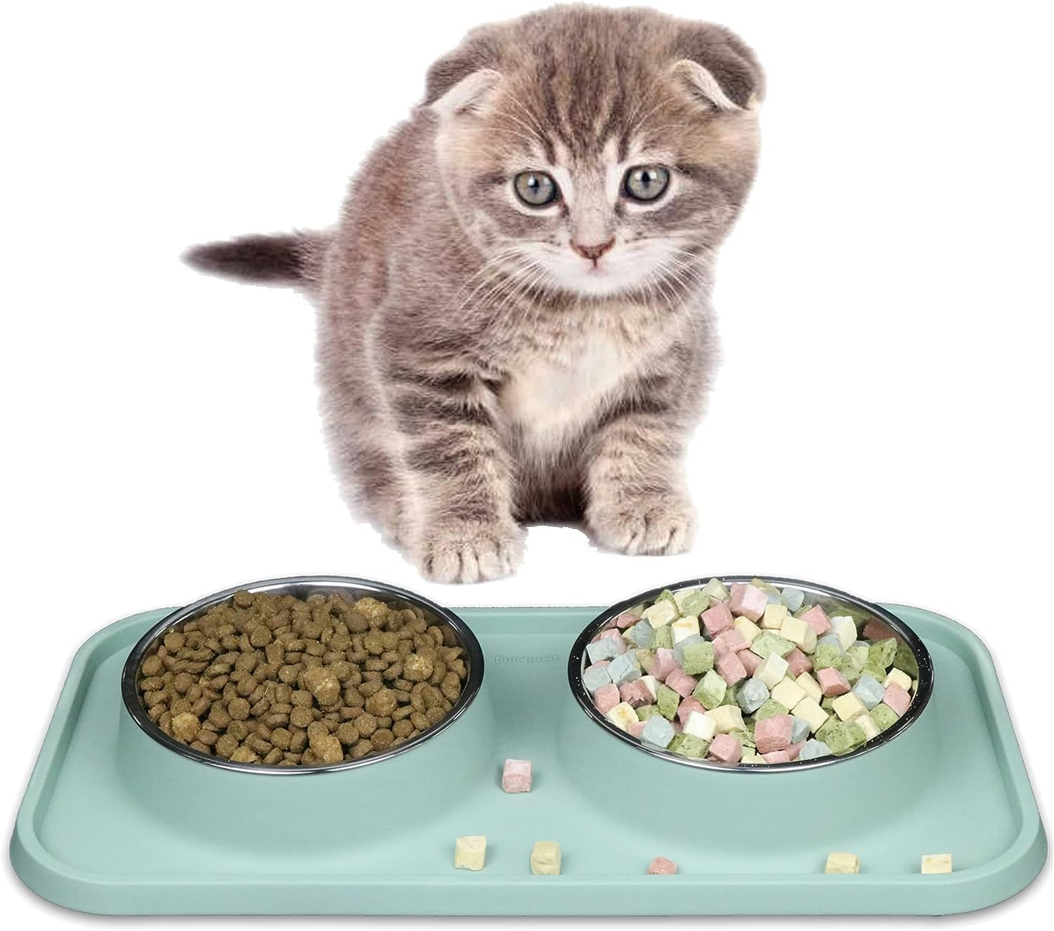 Cat Food and Water Bowls, Bowls Non-Skid and Non-Spill Silicone Mats with Stand, Removable Stainless Steel Water Dishes for Cats, Small Size Dogs image number 1