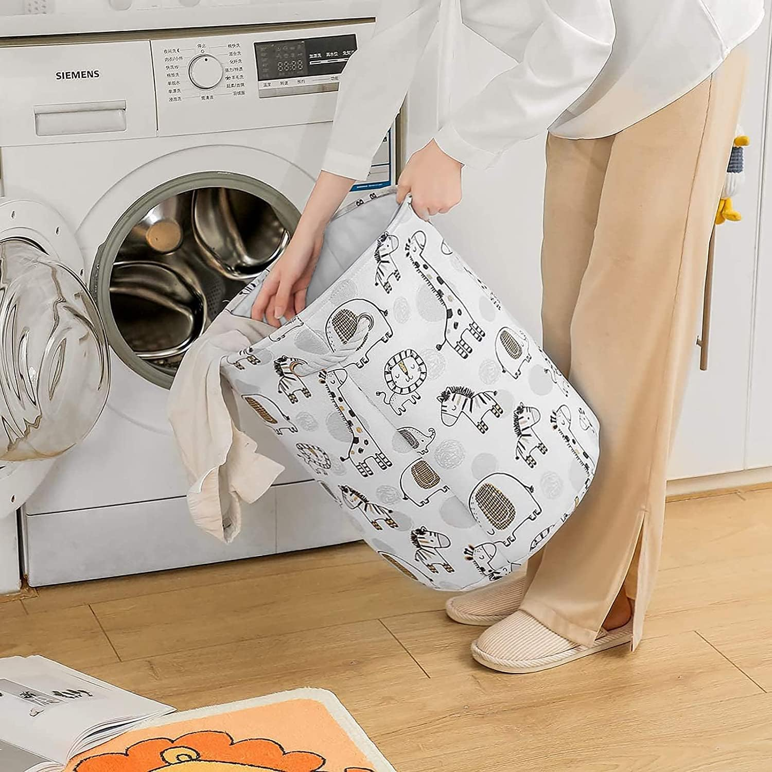 Inough Extra Large Baby Basket for Nursery, 58L Kids Laundry Basket Baby Room Decor, Waterproof Canvas Clothes Hamper Toy Box for Boys Laundry Hamper Foldable Toy Storage Baskets with Handles - Coffee Color image number 5