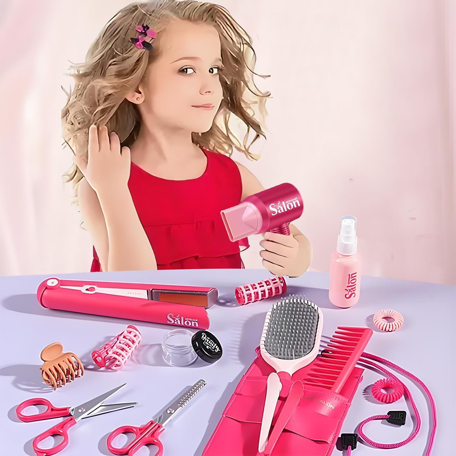 22Pcs Girls Hair Salon Toys, Kids Beauty Salon Set with Pretend Play, Pretend Play Hair Salon Stylist Toy Kit with Barber Apron, Hair Dryer, Mirror, Scissors image number 5