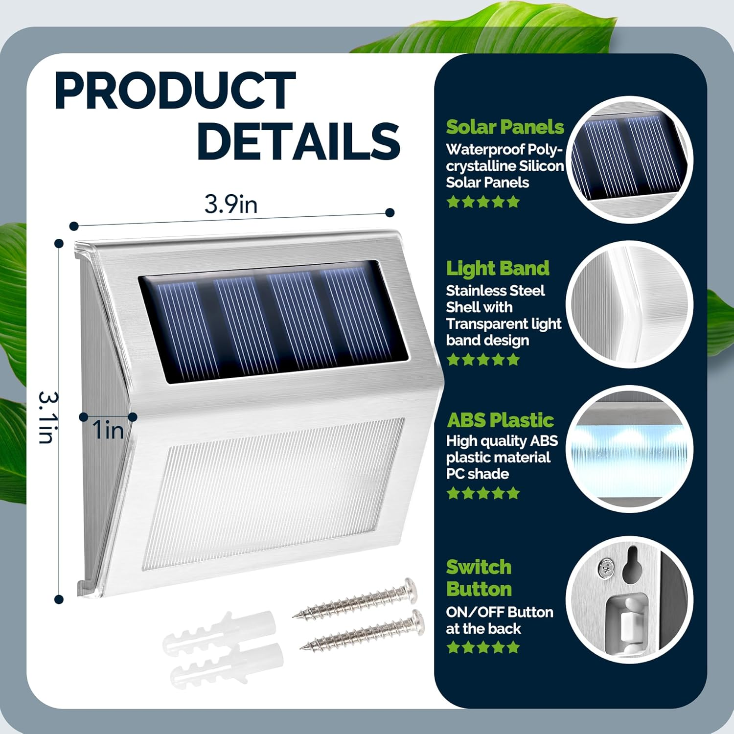 GIGALUMI 12 Pack Solar Fence Lights Outdoor, Waterproof LED Step Lighting Stainless Steel Solar Powered Lights for Step, Stairs, Pathway, Garden (Cold White)