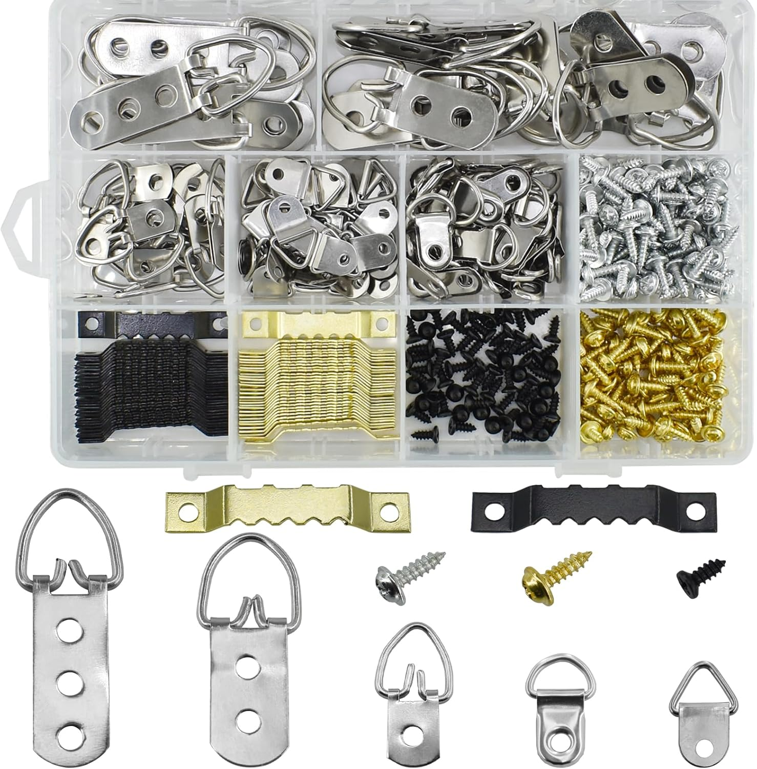 SHRJ 415Pcs Picture Hangers Kit, 7 Sizes D Ring Hangers Sawtooth Hangers Assorted Kit with Screws Boxed Metal Accessories for Wall Mounting Heavy Picture Canvas Paintings Photos Frame Board Clock image number 3