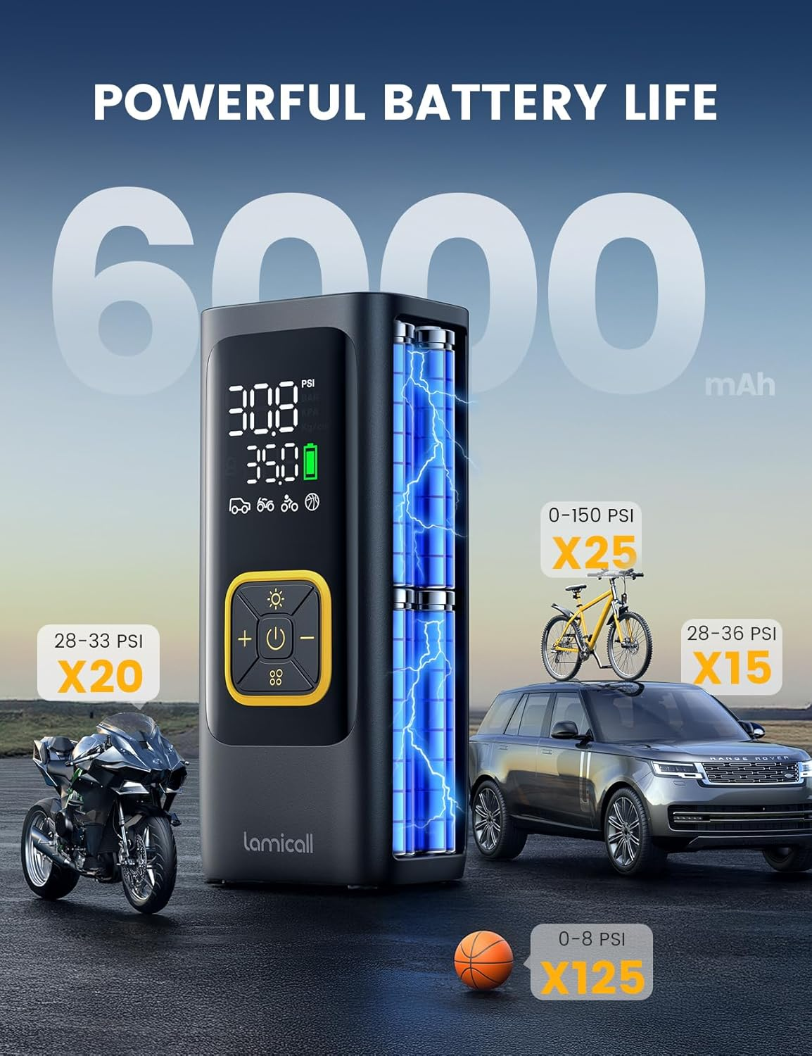 Tire Inflator Portable Air Compressor - Lamicall 150 PSI Cordless Car Air Tire Pump, Rechargeable Fast Inflate, Electric Bike Pump, Digital Pressure Gauge, LED Light, for Auto Motorcycle Ball image number 4