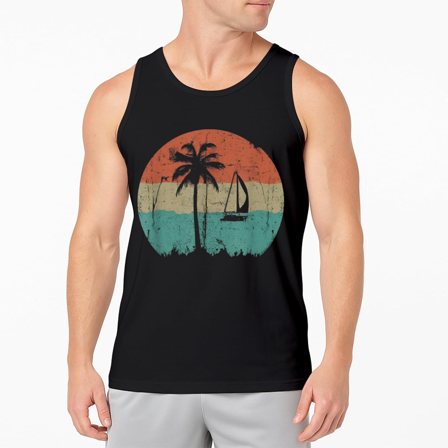 Tropical Beach Palm Trees Vintage Retro Style 70S 80S Tank Top T-Shirt for Men Crew Neck Tee Shirt image number 6