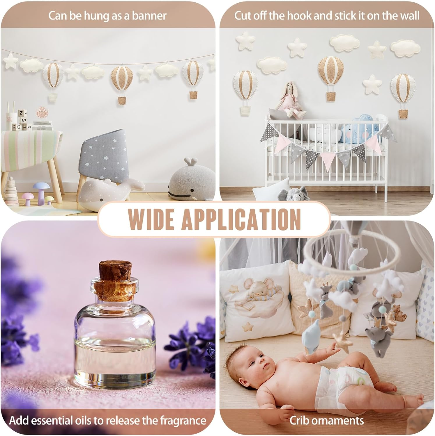 Poen 10 Pcs Star Hot Air Balloon and Cloud Nursery Wall Decor for Bedroom - Mini Felt Clouds Stars Western Decor for Kids Baby Room (Khaki) - Khaki image number 5